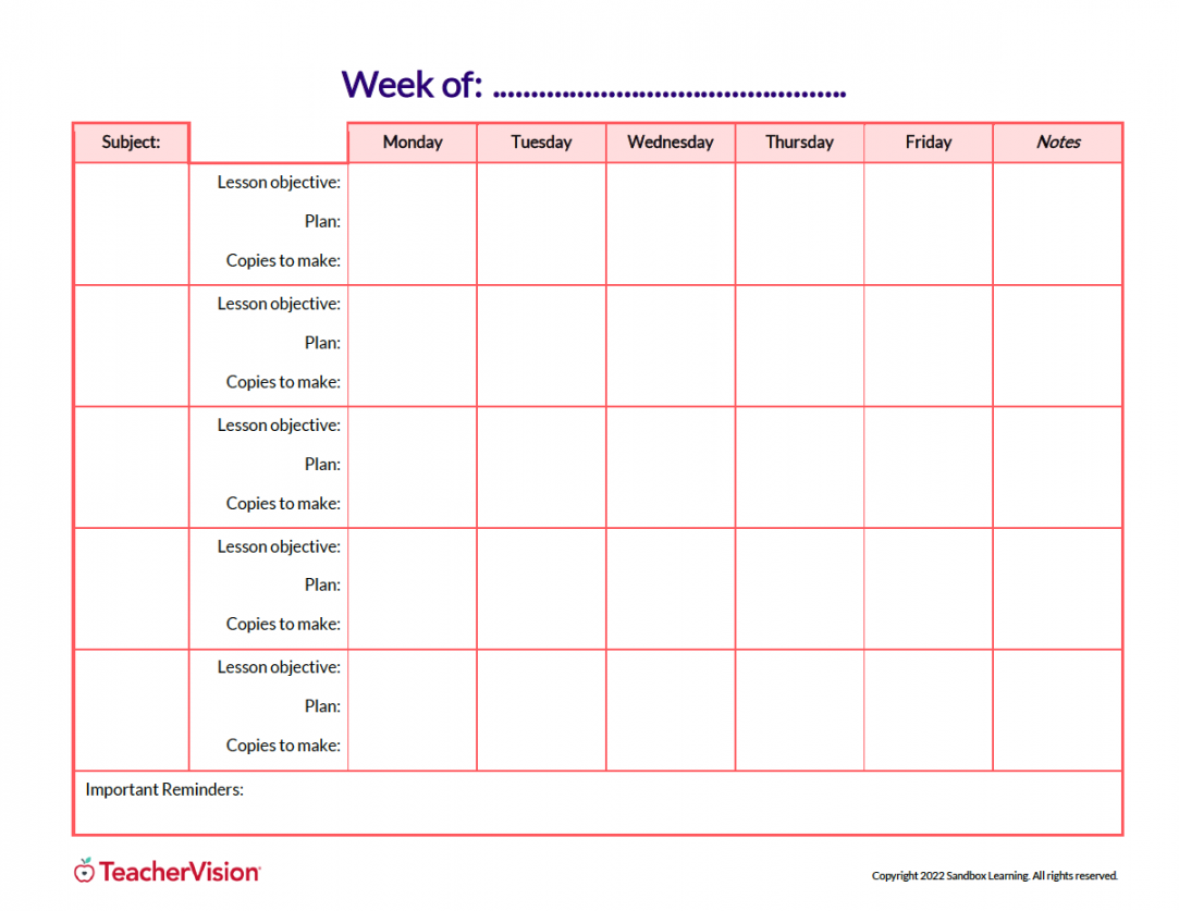 Weekly Lesson Plan Template - TeacherVision