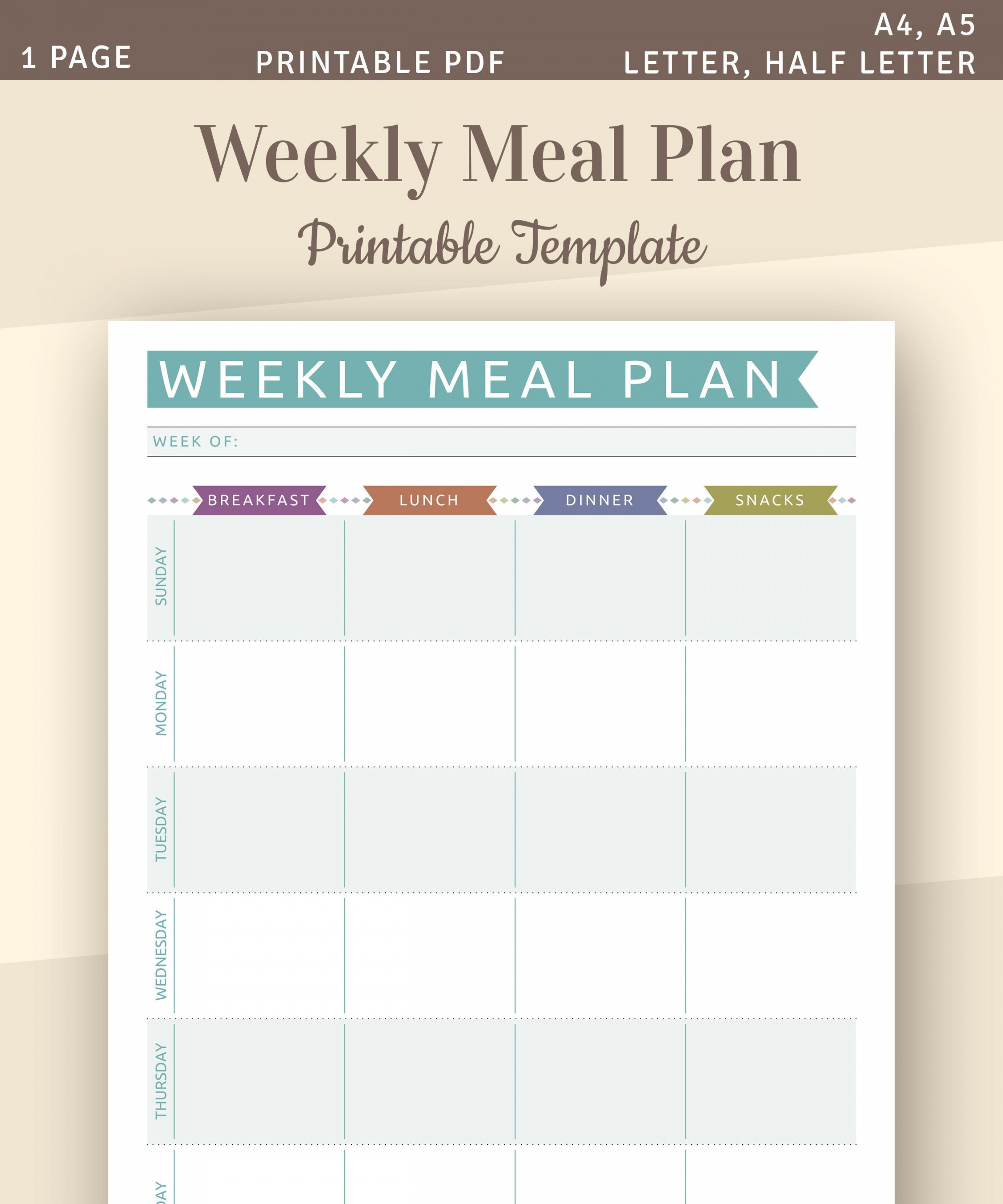 Weekly Meal Plan Printable Week Menu Planner Weekly Food - Etsy