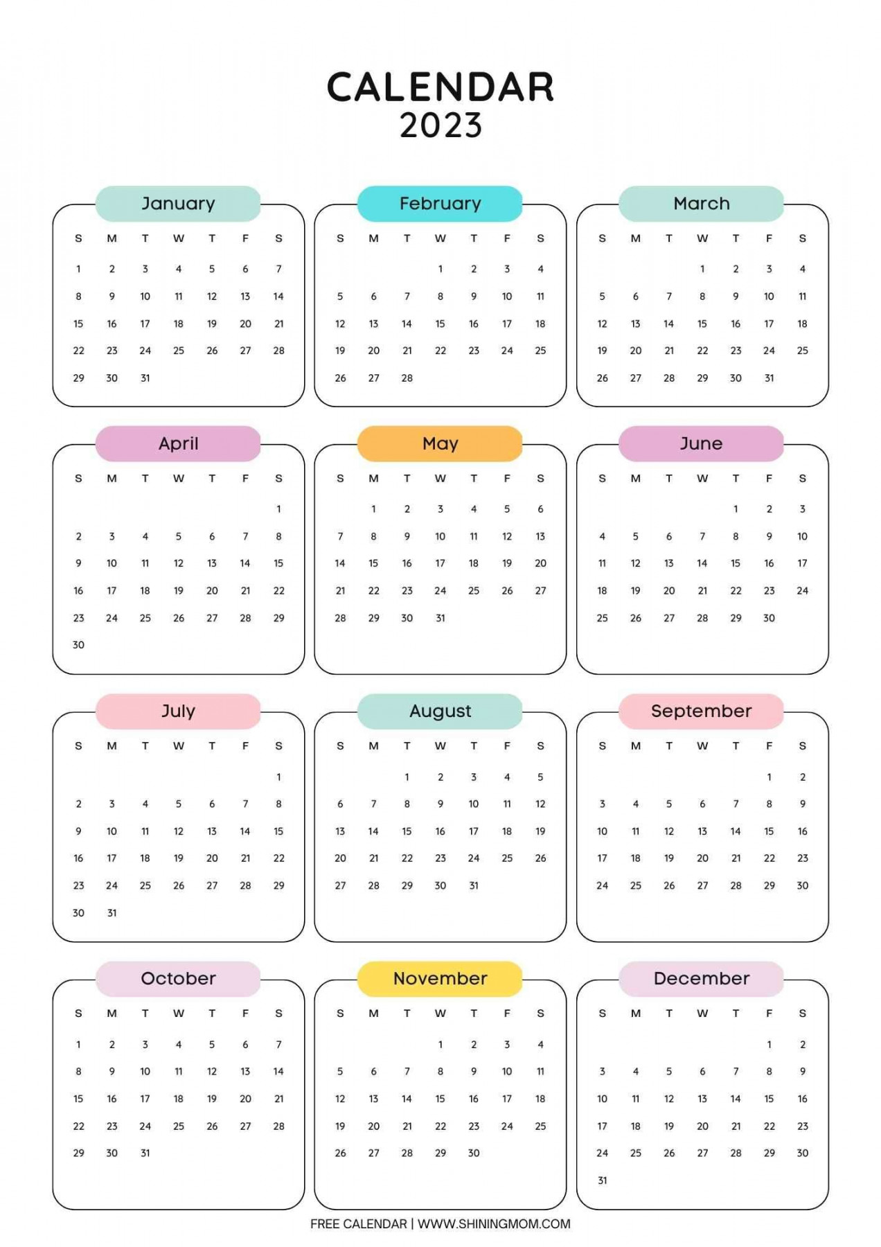Year  Calendar  Free One-Page Calendar Templates