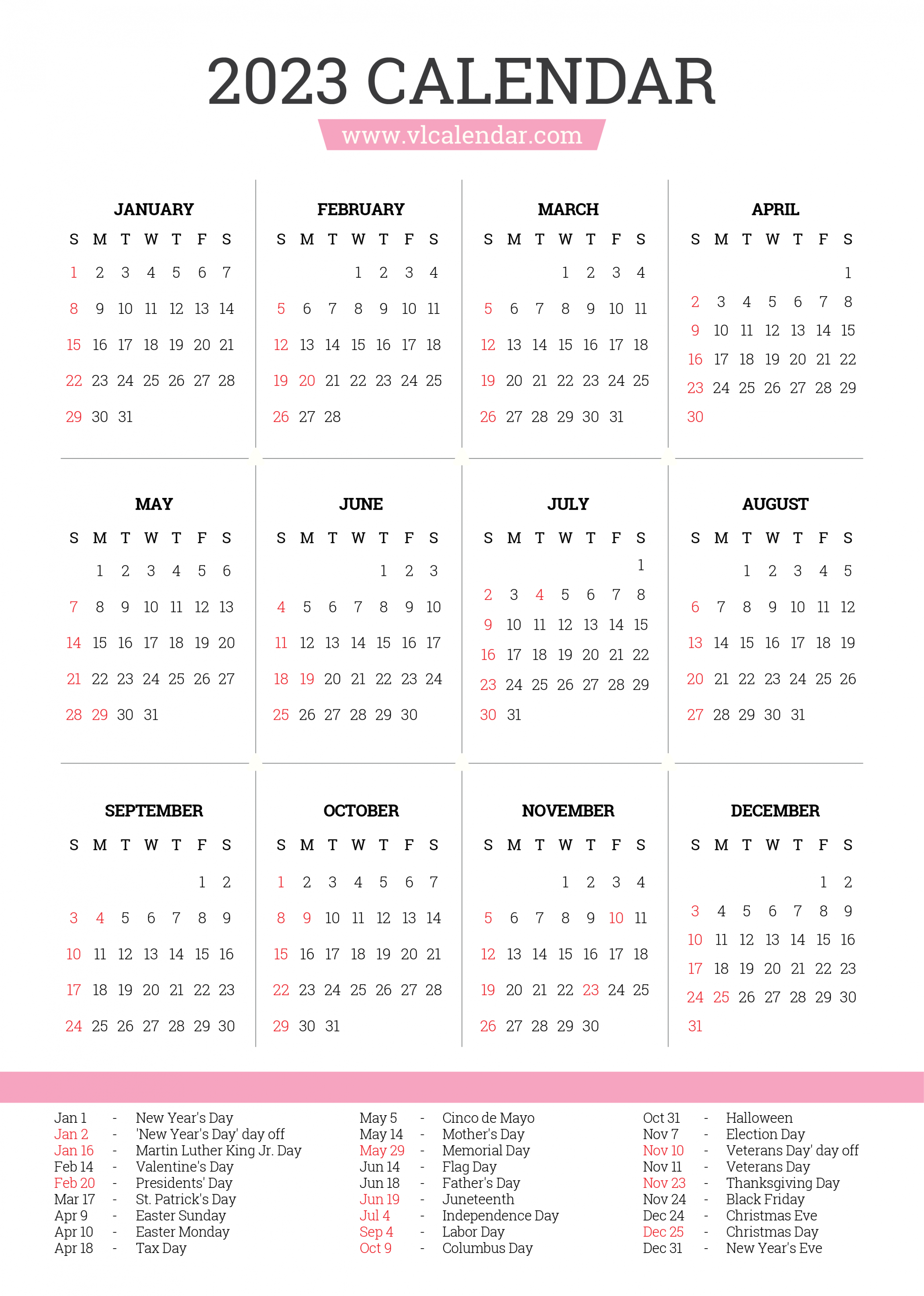 Year  Calendar Printable Templates with Holidays - VL Calendar