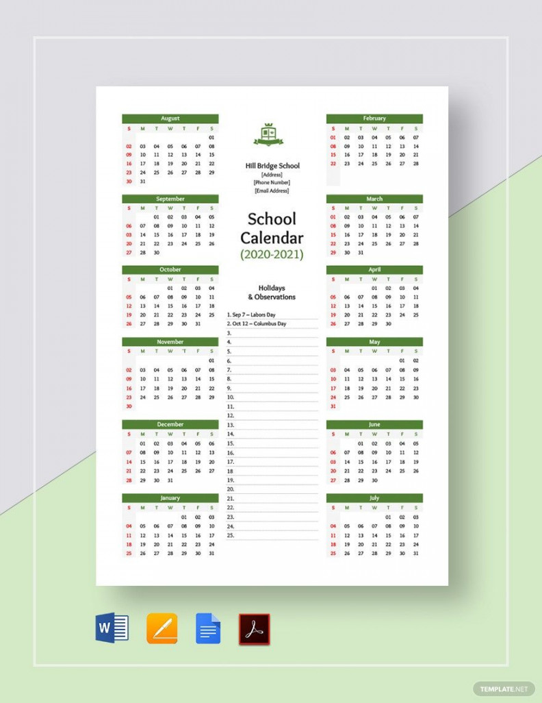 Yearly School Calendar Template - Download in Word, Google Docs