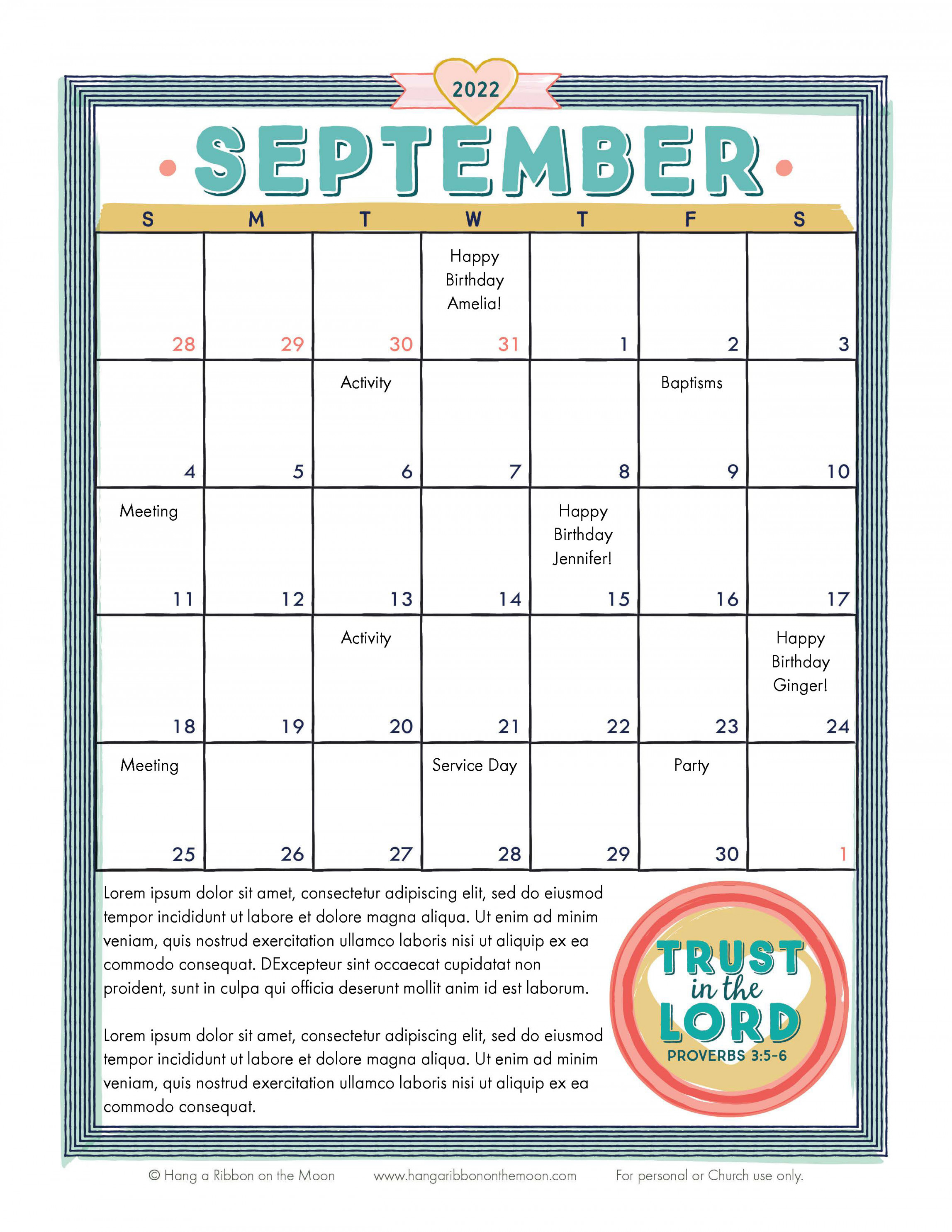 Youth Theme Trust in the Lord Calendars: Editable PDF & JPEG
