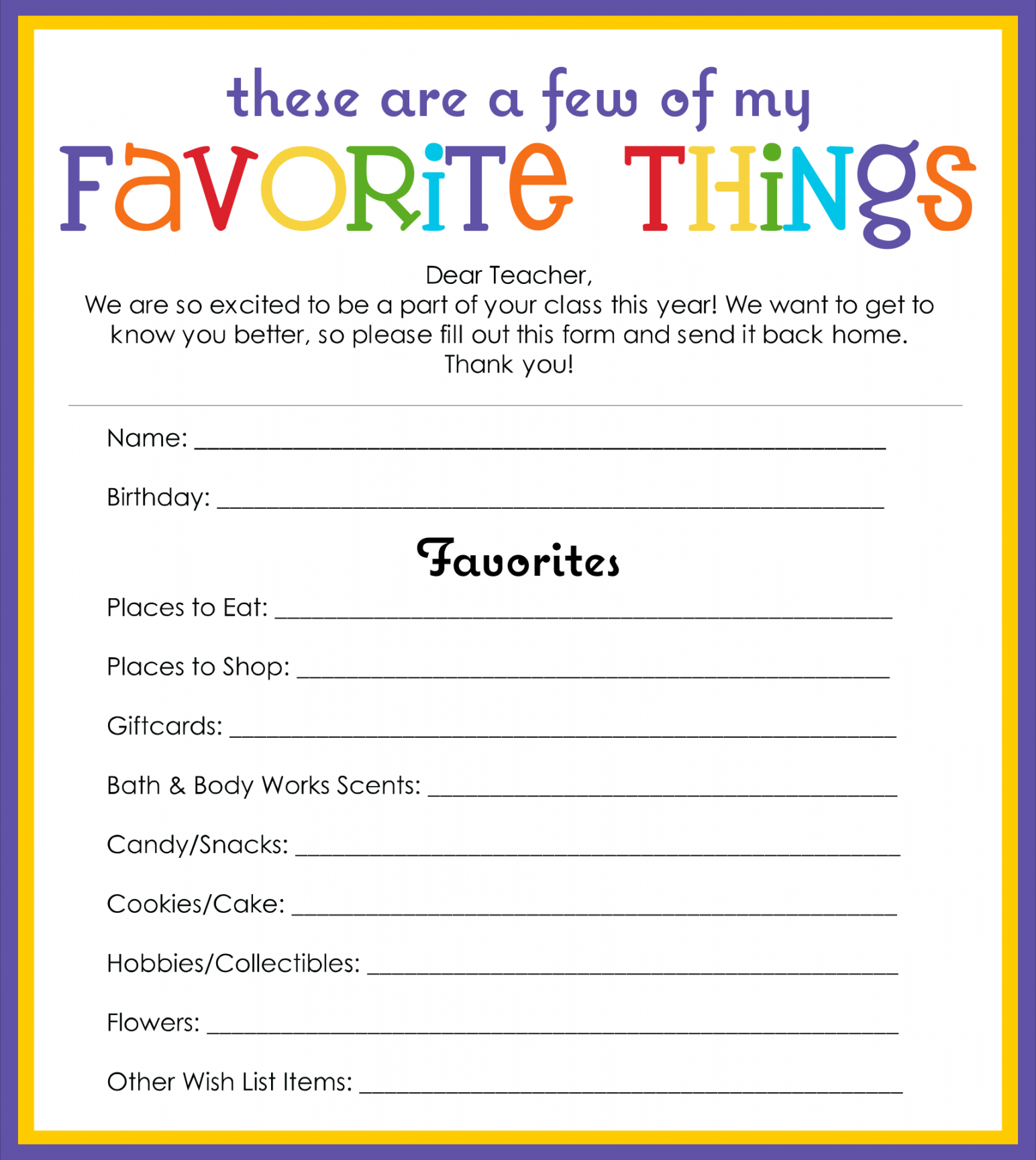 Best My Favorite Things Template Printable PDF for Free at