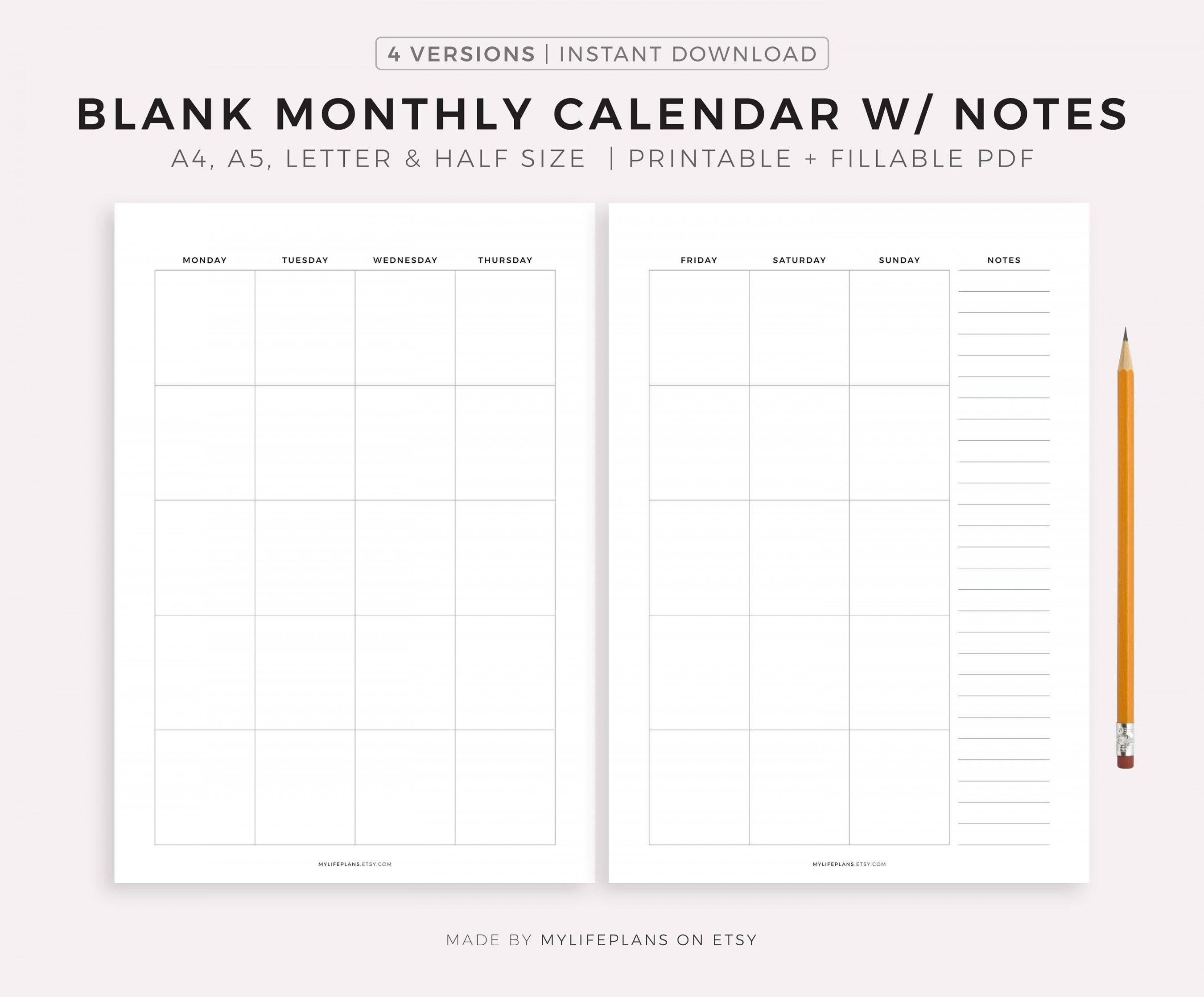 Blank Monthly Calendar With Notes  Page Printable Calendar - Etsy