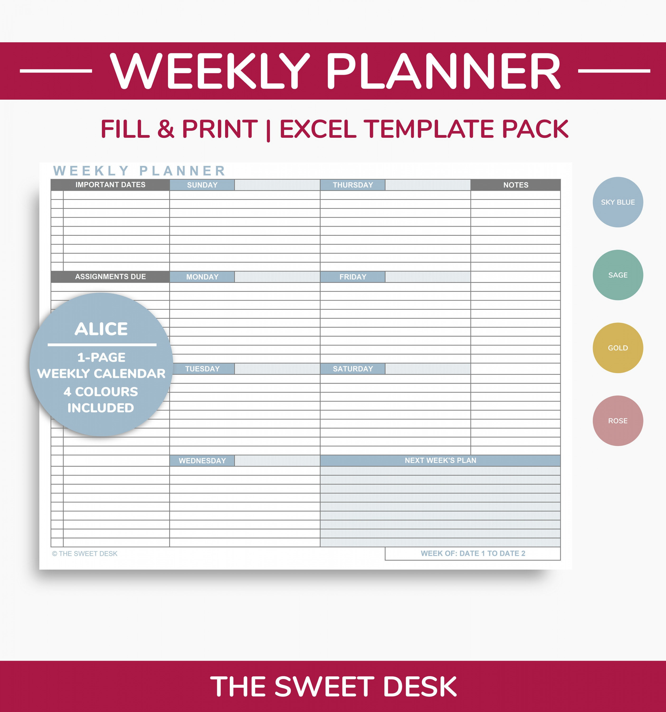 Editable Weekly Planner Excel Template Printable Weekly - Etsy