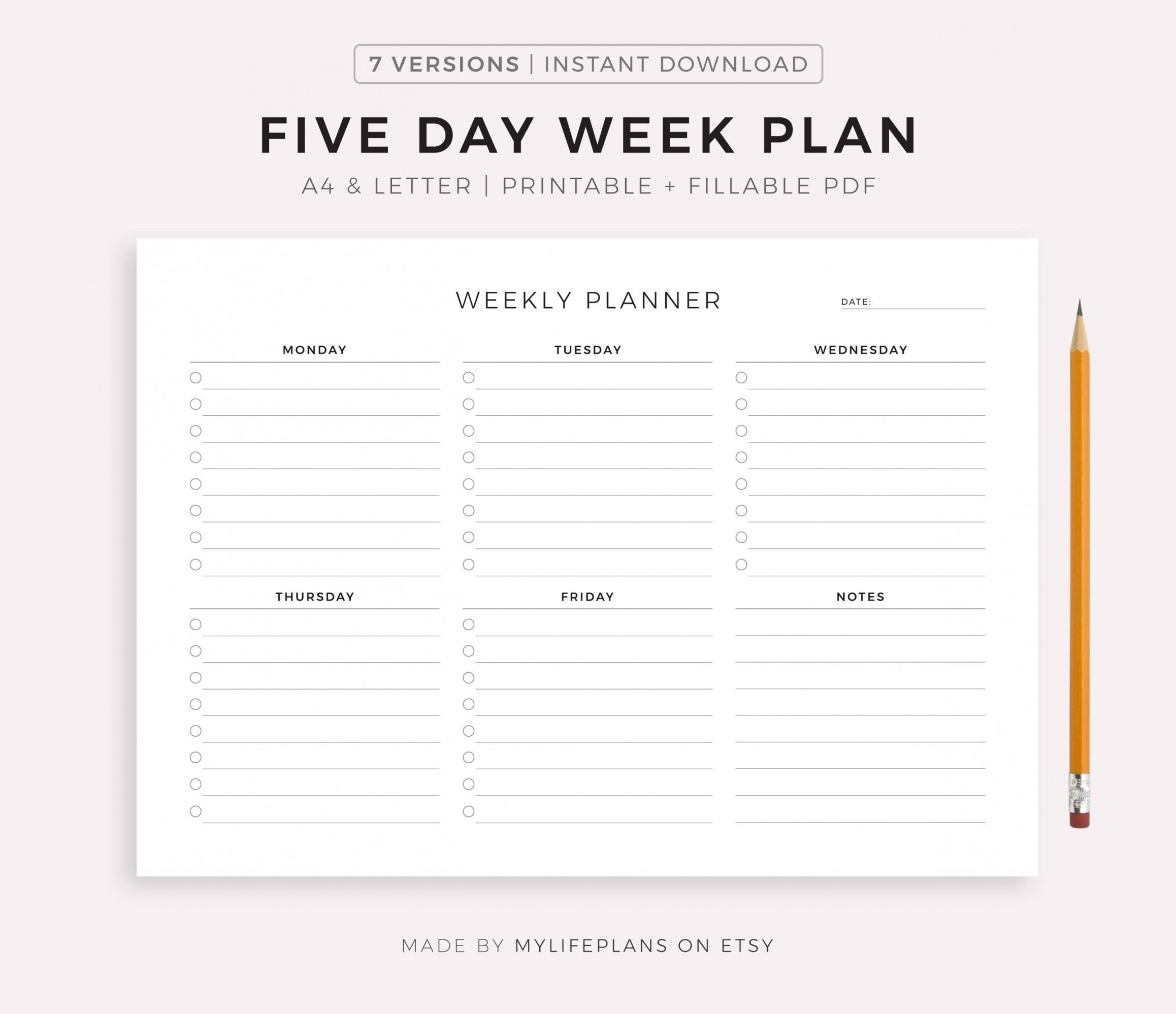 Five Day Weekly Planner Printable to Do List Weekly Schedule - Etsy