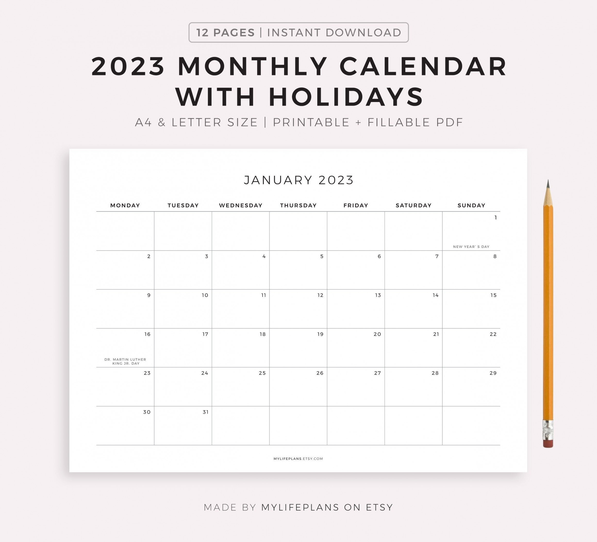 Monthly Calendar With Holidays Printable Calendar - Etsy Israel