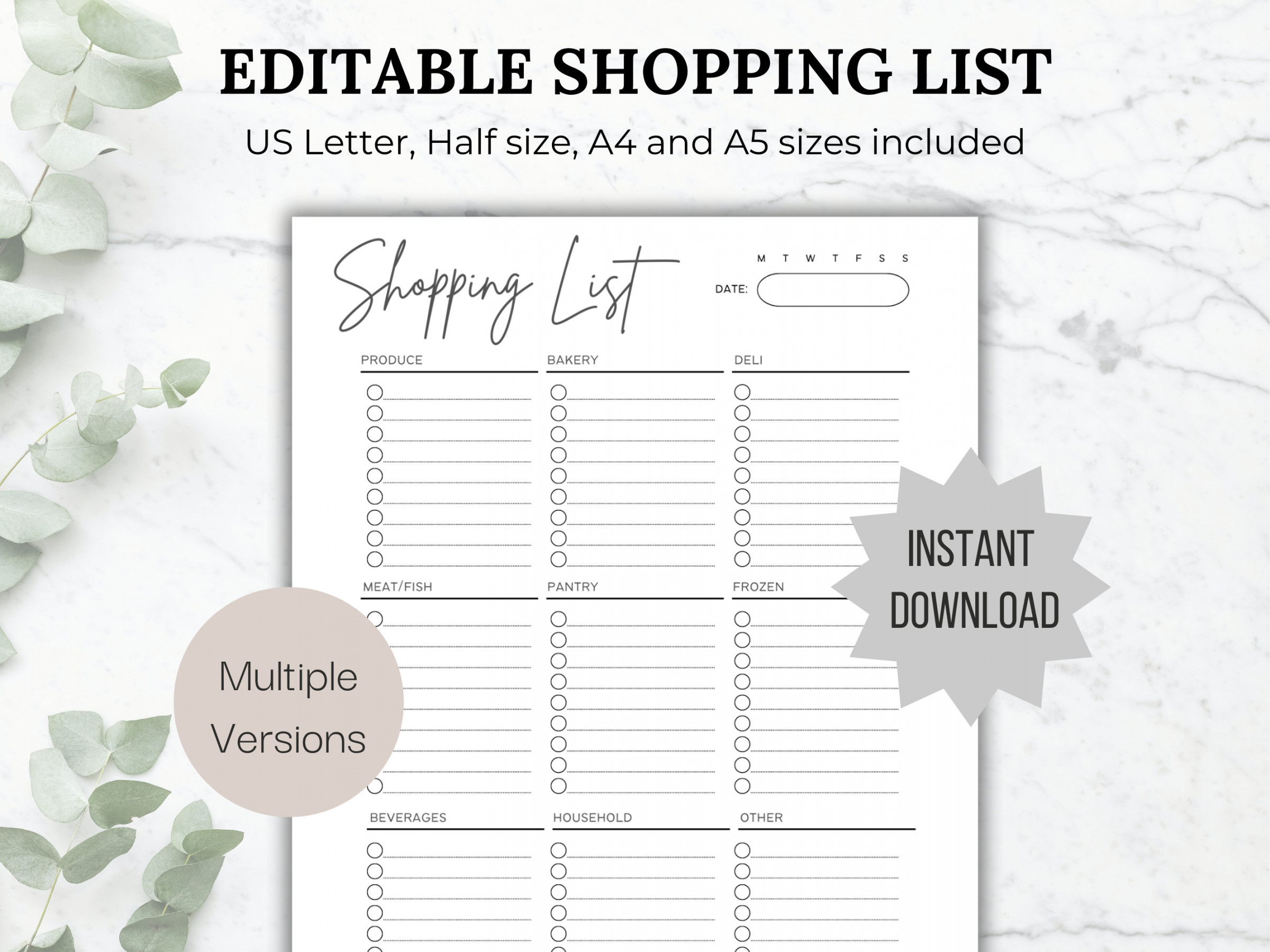Editable Grocery List Printable Shopping List Printable Grocery