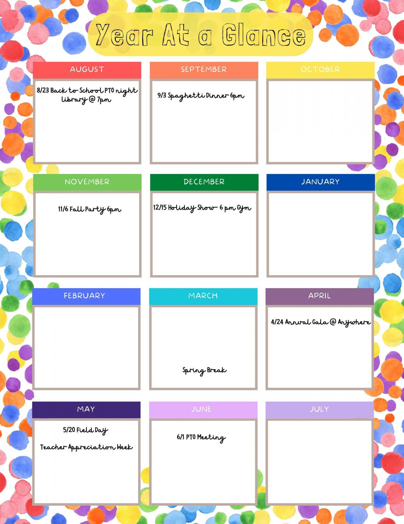 Editable Instant Download- Year at a Glance, School Year at a Glance, PTO,  PTA, Teacher