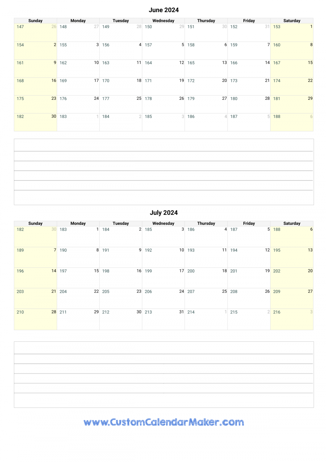 June and July  Printable Calendar Template