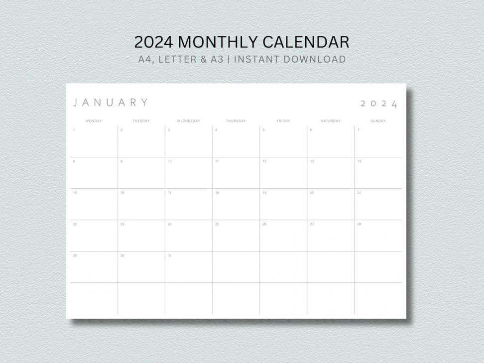 Minimalist Calendar Printable Monthly Planner  A, Letter, A  Landscape Monday & Sunday Start Instant Download PDF - Etsy