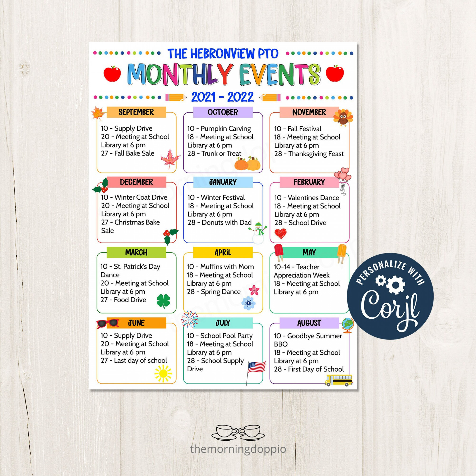 Printable/editable PTO PTA Monthly Events Template, Pto/pta Parent
