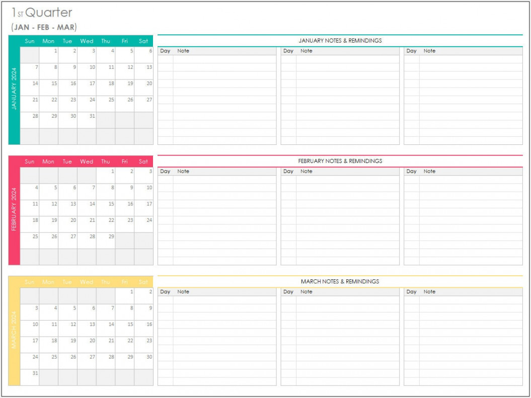 Quarterly Calendar  Excel Template Q  Planner Excel