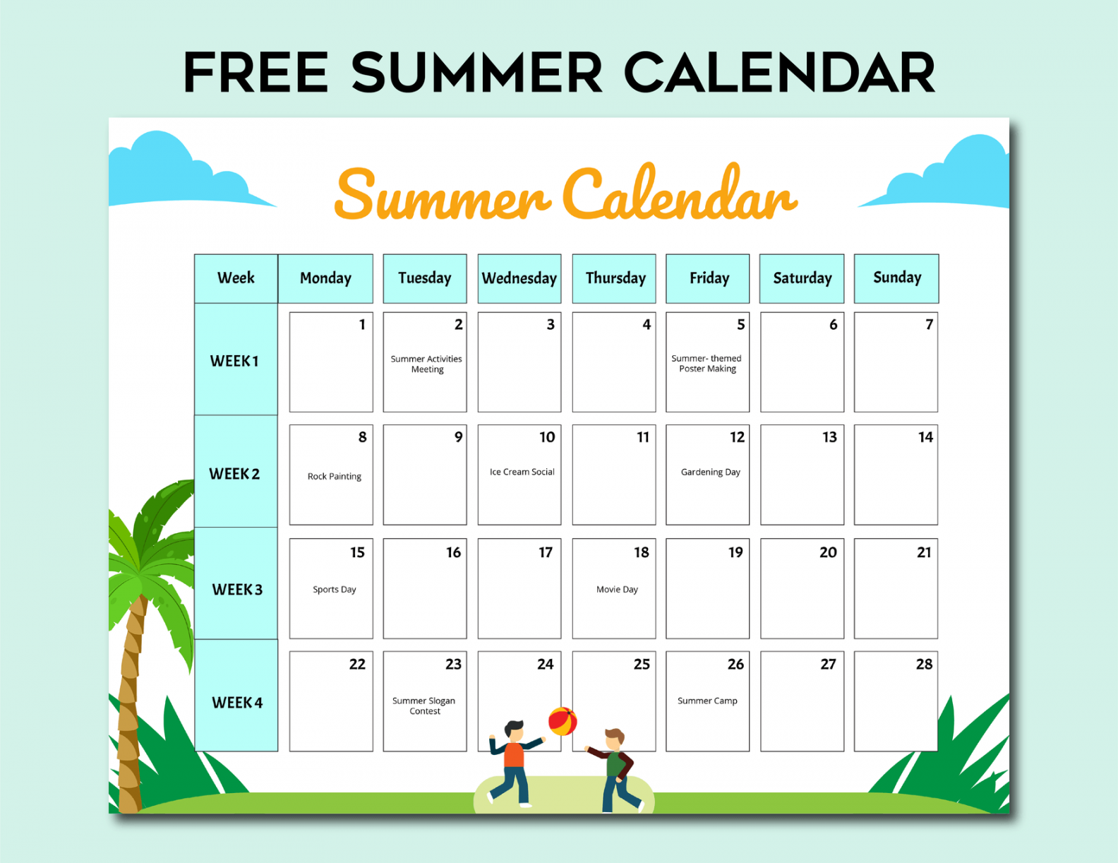 Summer Calendar in Illustrator, Word, PSD, PDF, Google Docs - Download