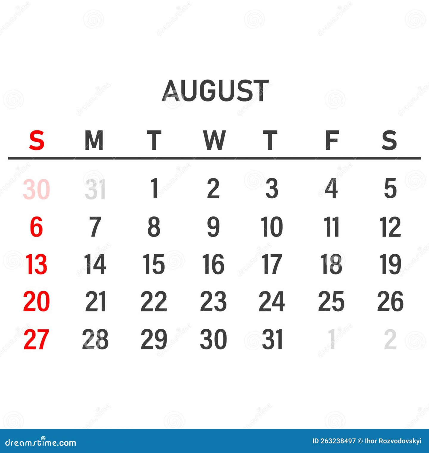 August  Calendar Template. Layout for August