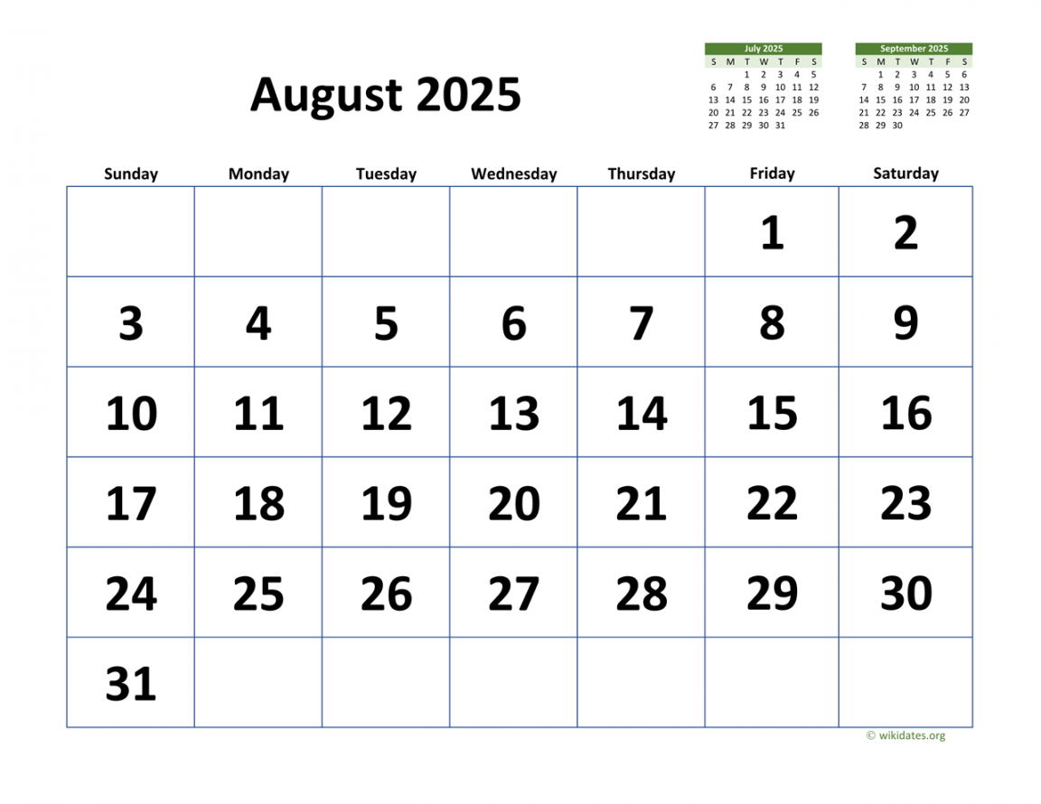 August  Calendar with Extra-large Dates  WikiDates