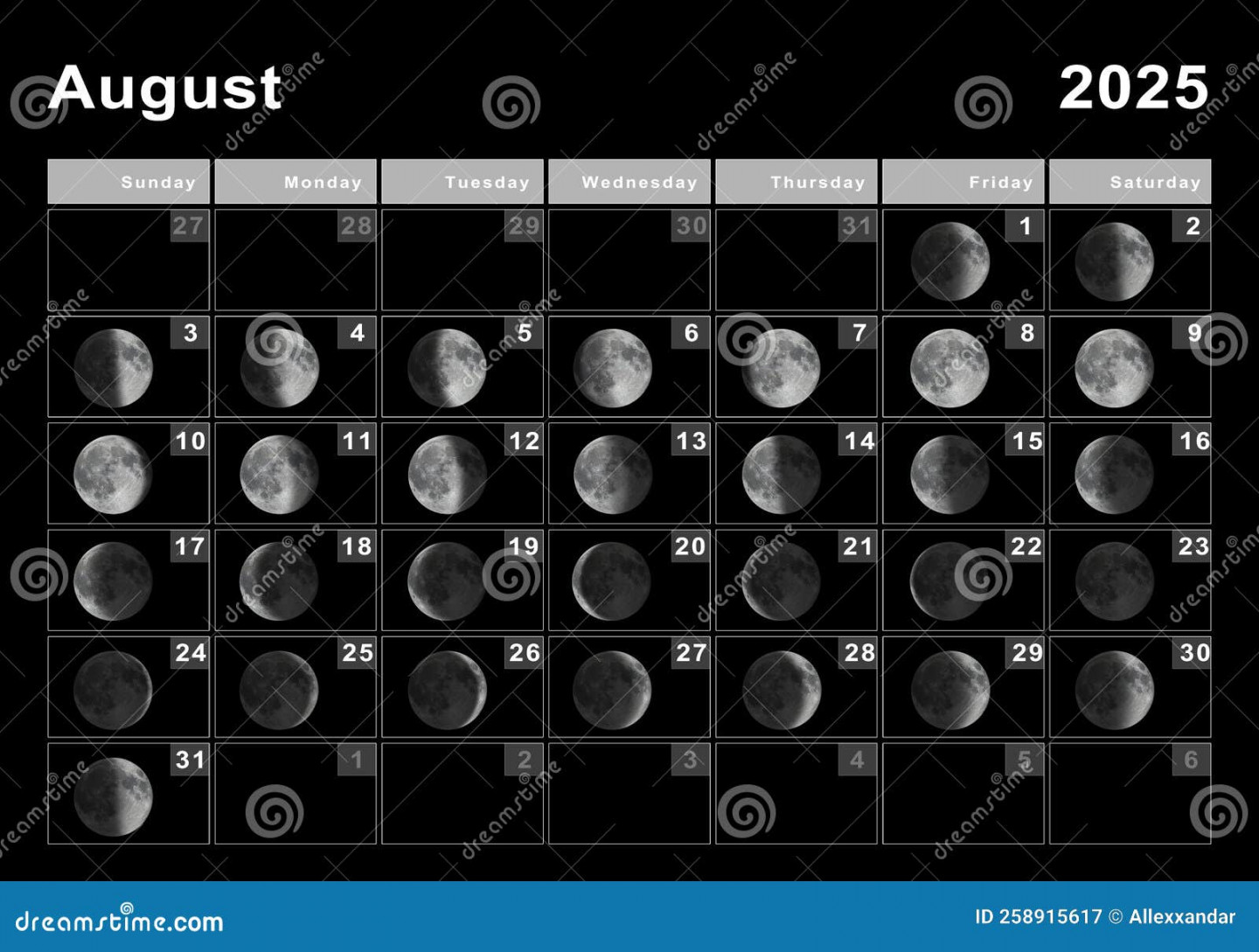 August  Lunar Calendar, Moon Cycles Stock Illustration