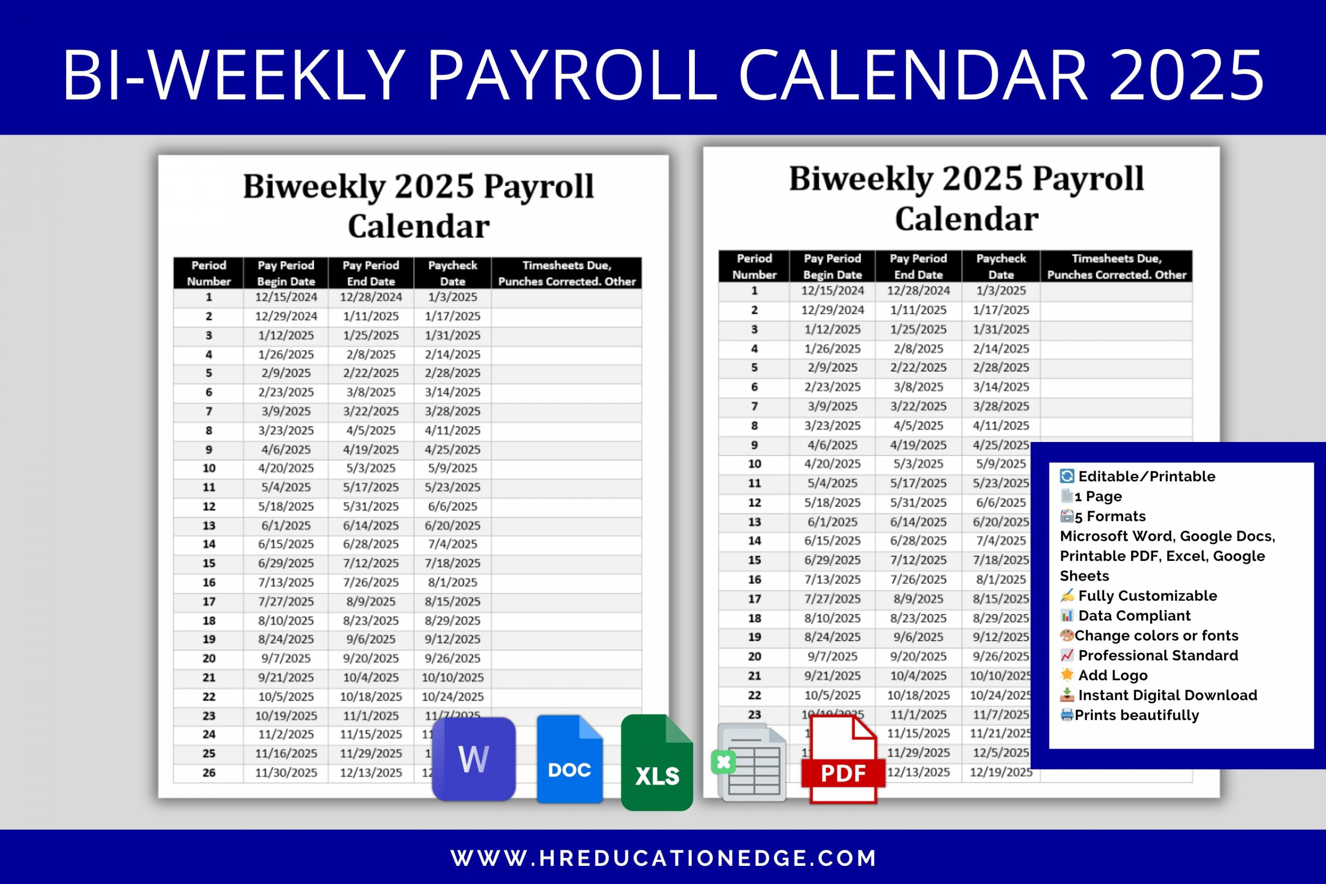 Biweekly Payroll Calendar  MS Editable Word, Excel Pay Period