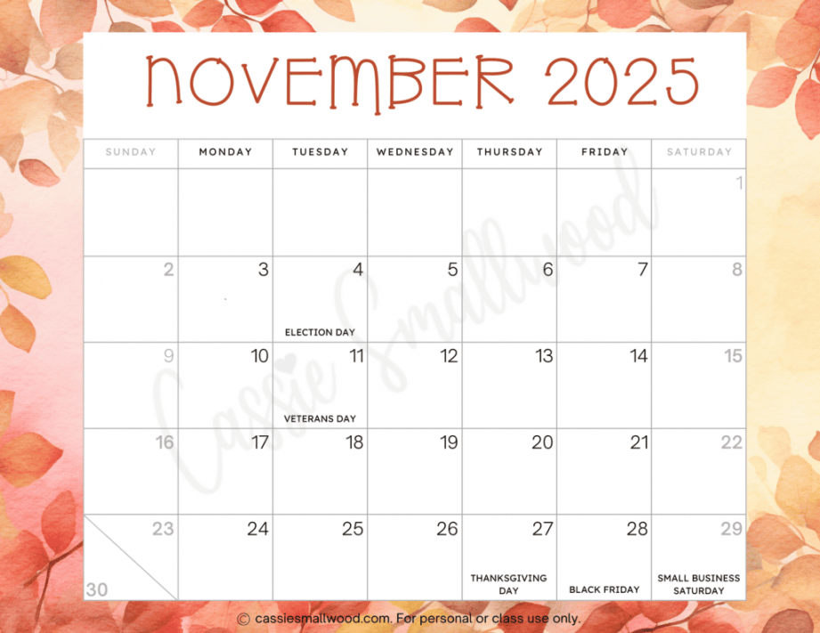 Cute  Free Printable Monthly Calendars - Cassie Smallwood