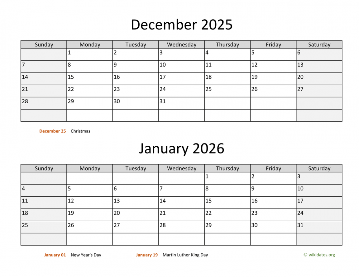 December  and January  Calendar  WikiDates