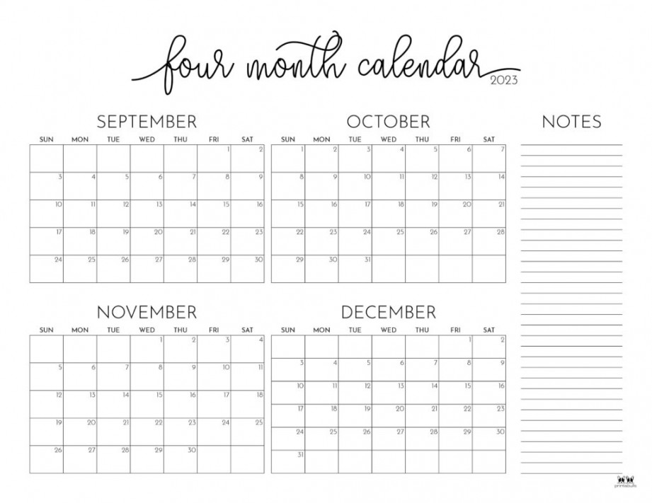 Four Month Calendars -  FREE Printables  Printabulls