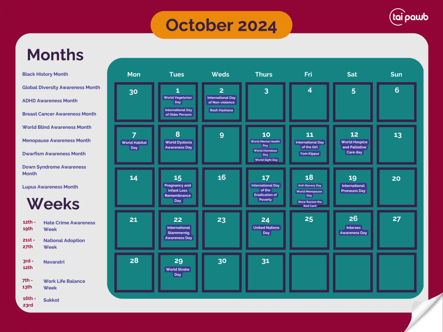 Inclusion Calendar - Tai Pawb