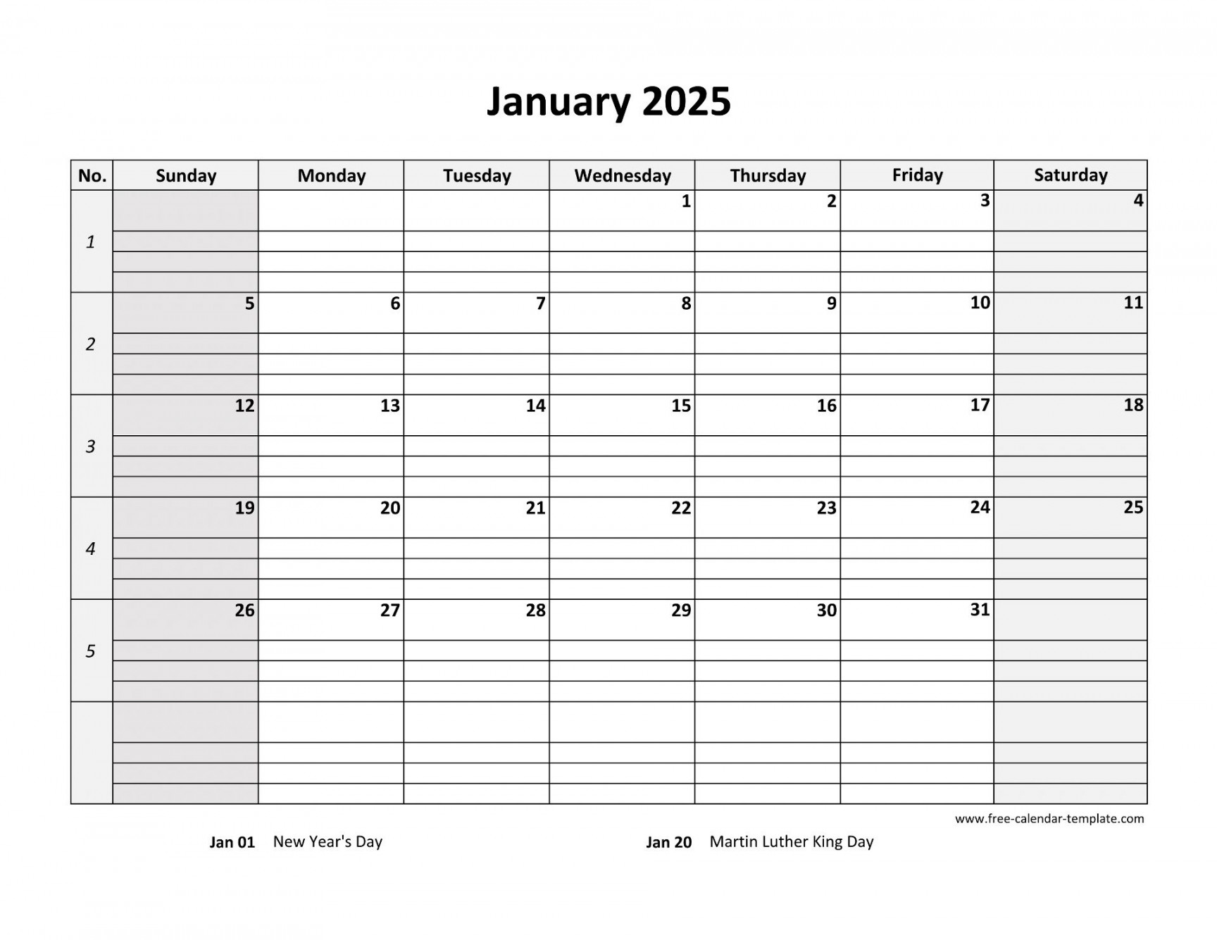 January  Calendar Free Printable with grid lines designed