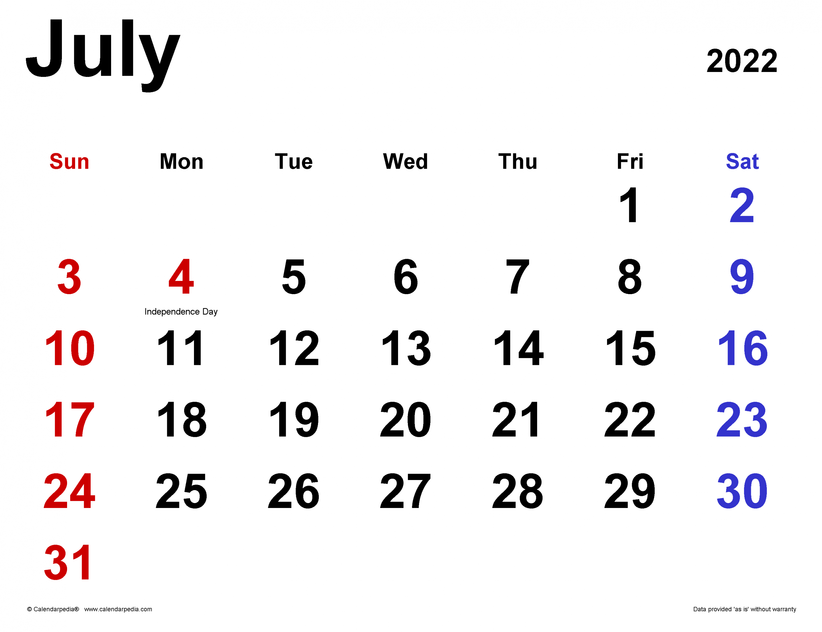 July  Calendar  Templates for Word, Excel and PDF