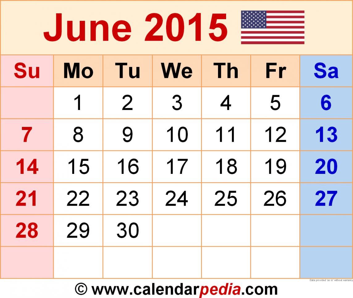 June  Calendar  Templates for Word, Excel and PDF