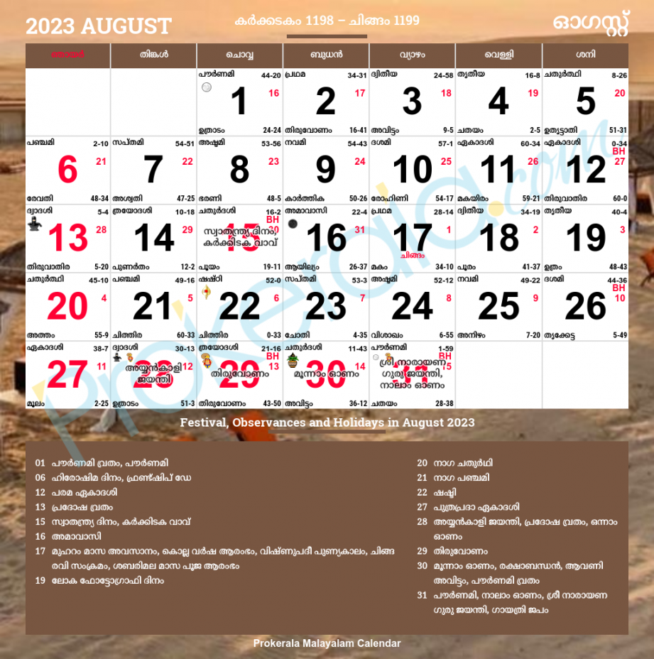 Malayalam Calendar , August