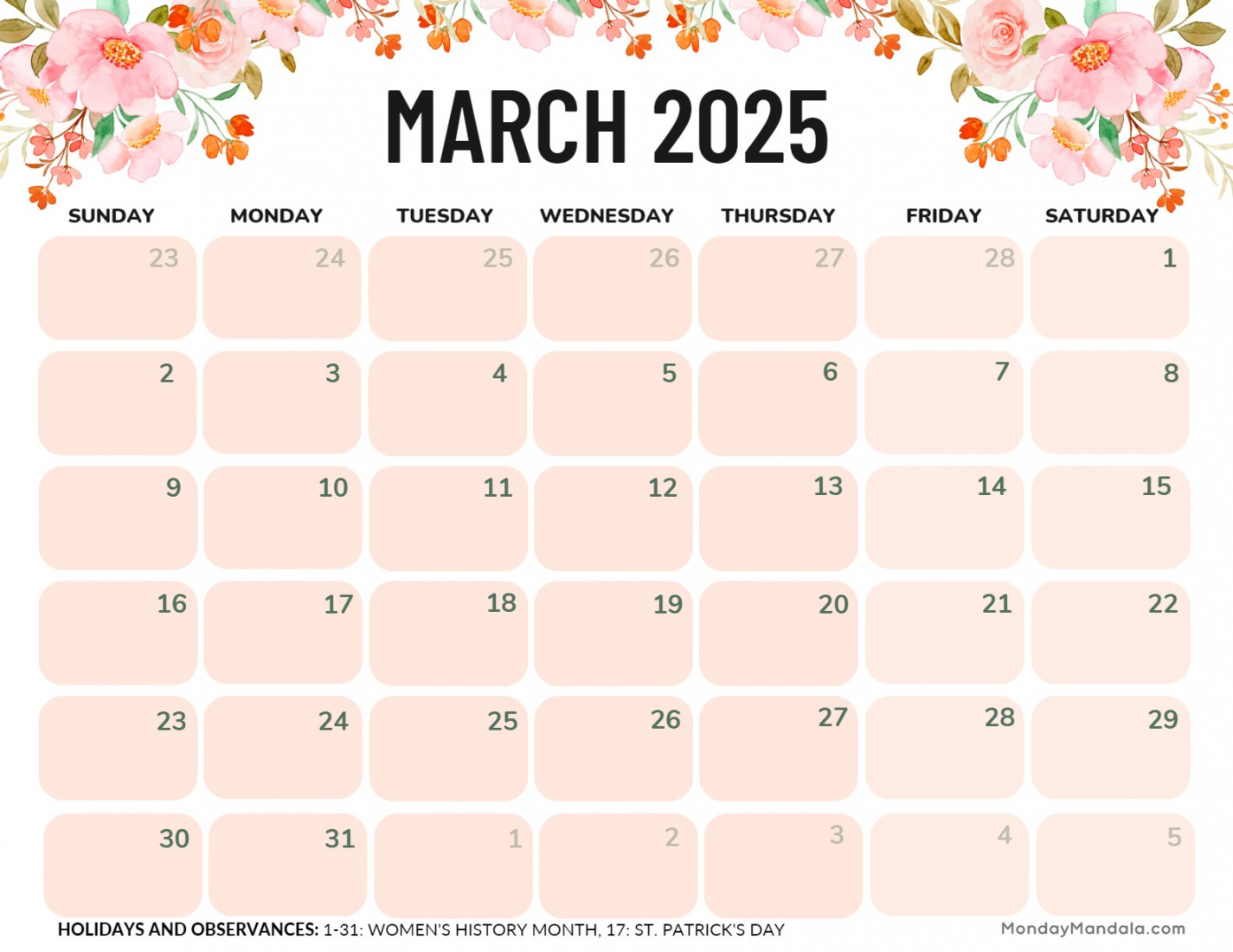 March  Calendar ( Free PDF Printables)