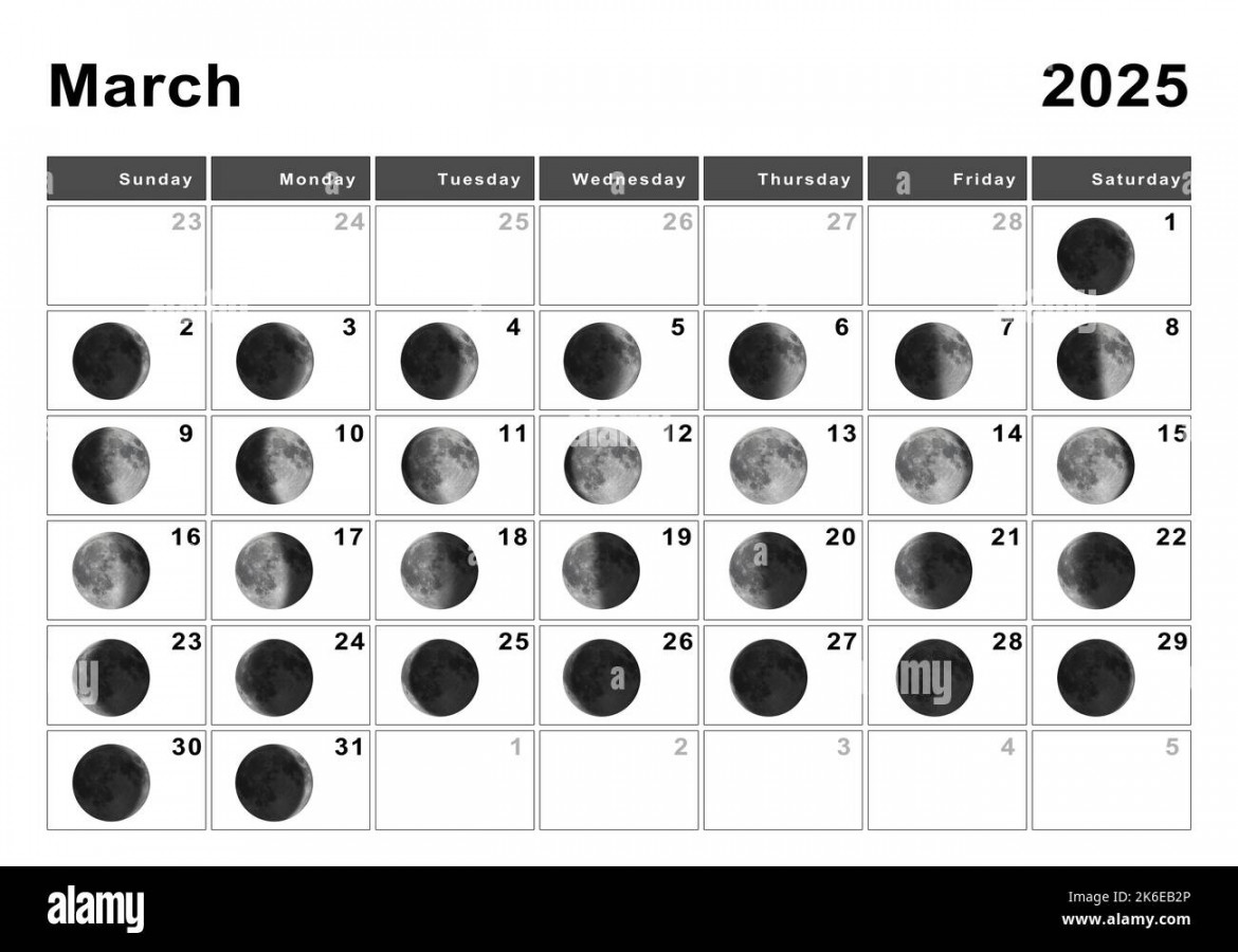 March  Lunar calendar, Moon cycles, Moon Phases Stock Photo