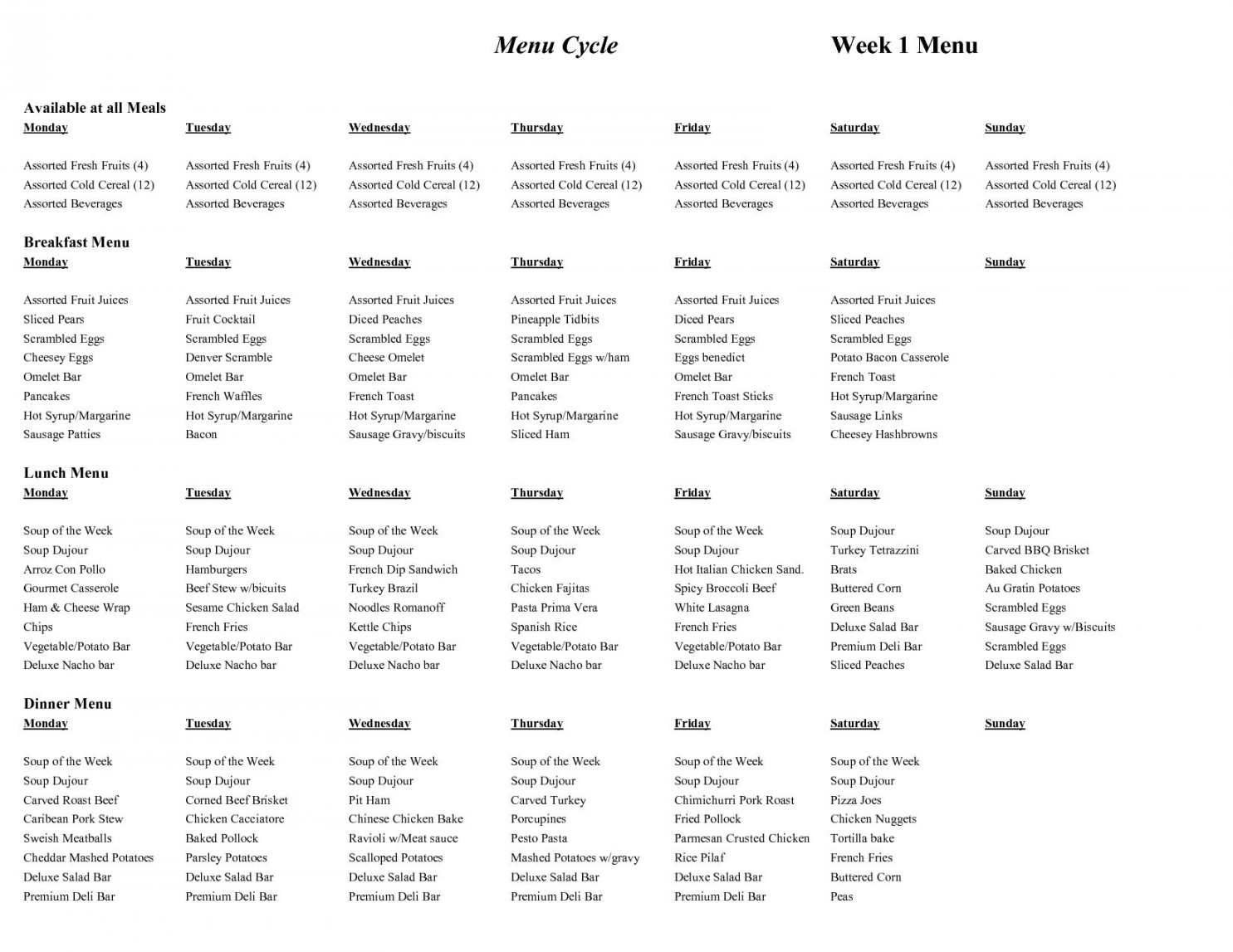 Monthly  Week Menu Rotation Template