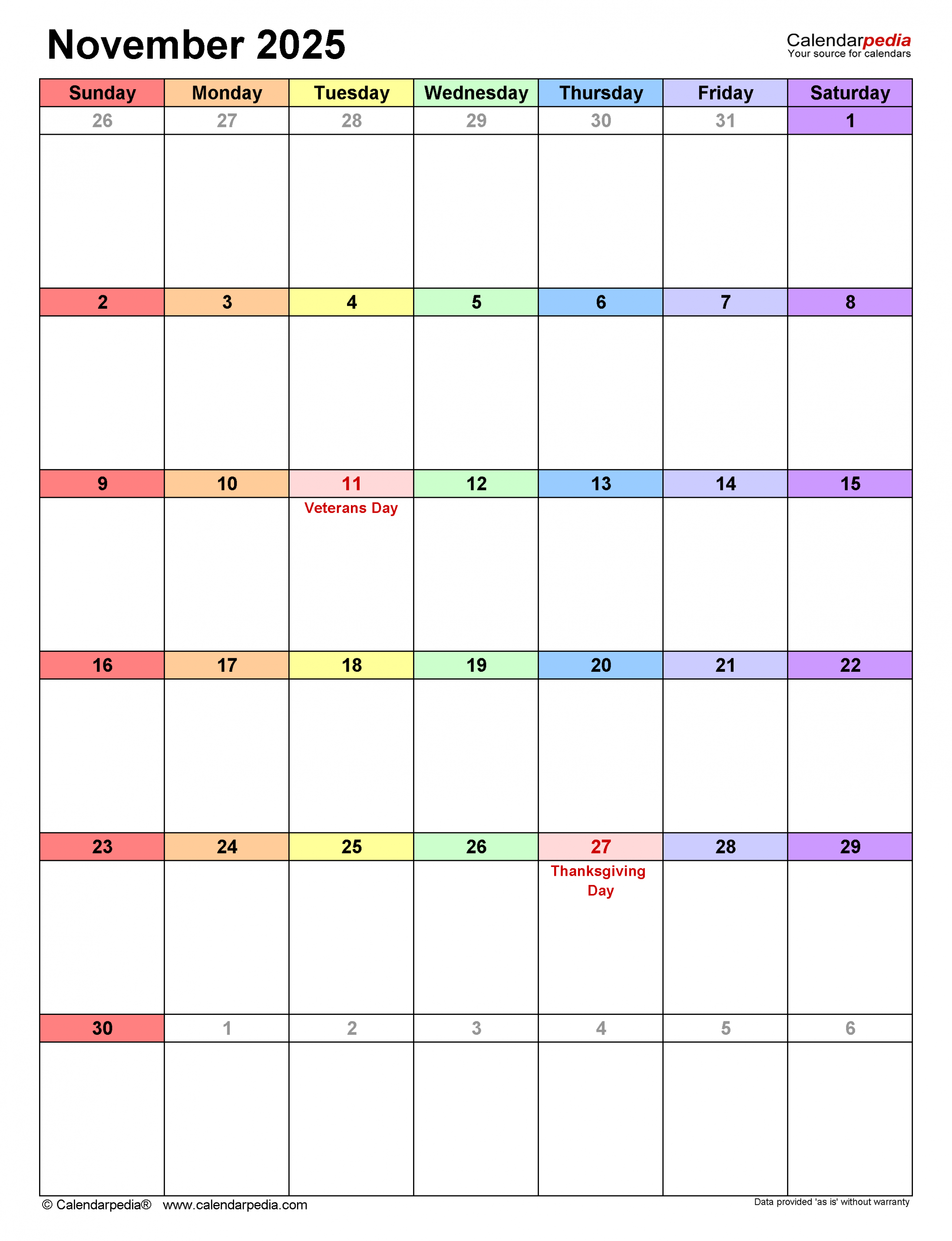 November  Calendar  Templates for Word, Excel and PDF