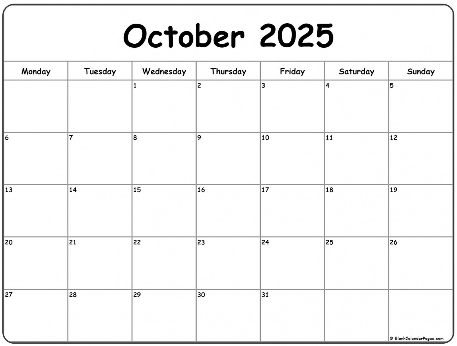 October  Monday Calendar  Monday to Sunday