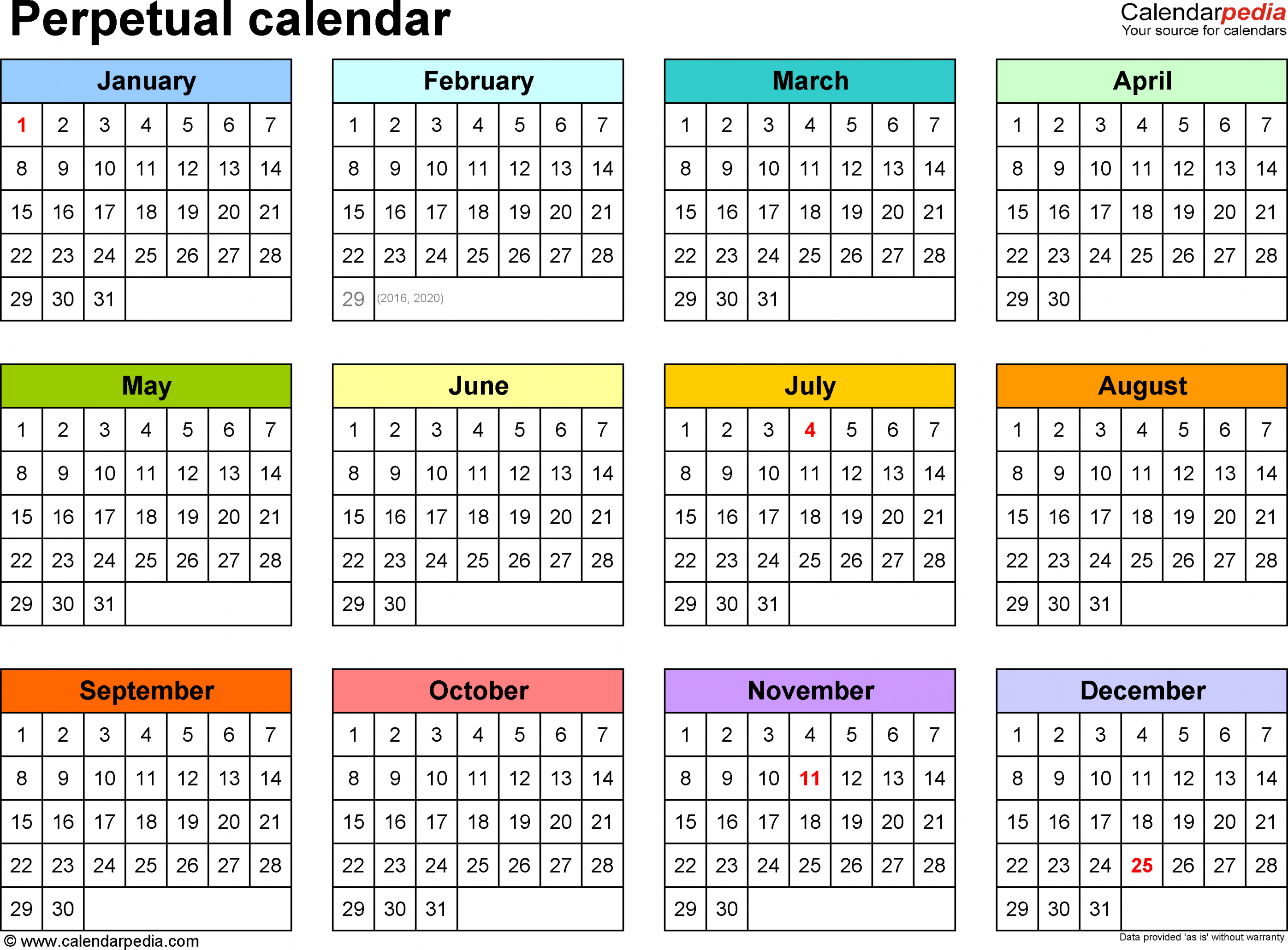 Perpetual Calendars - Free Printable PDF templates