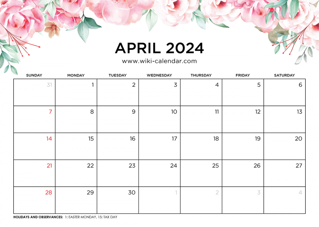 Printable April  Calendar Templates With Holidays