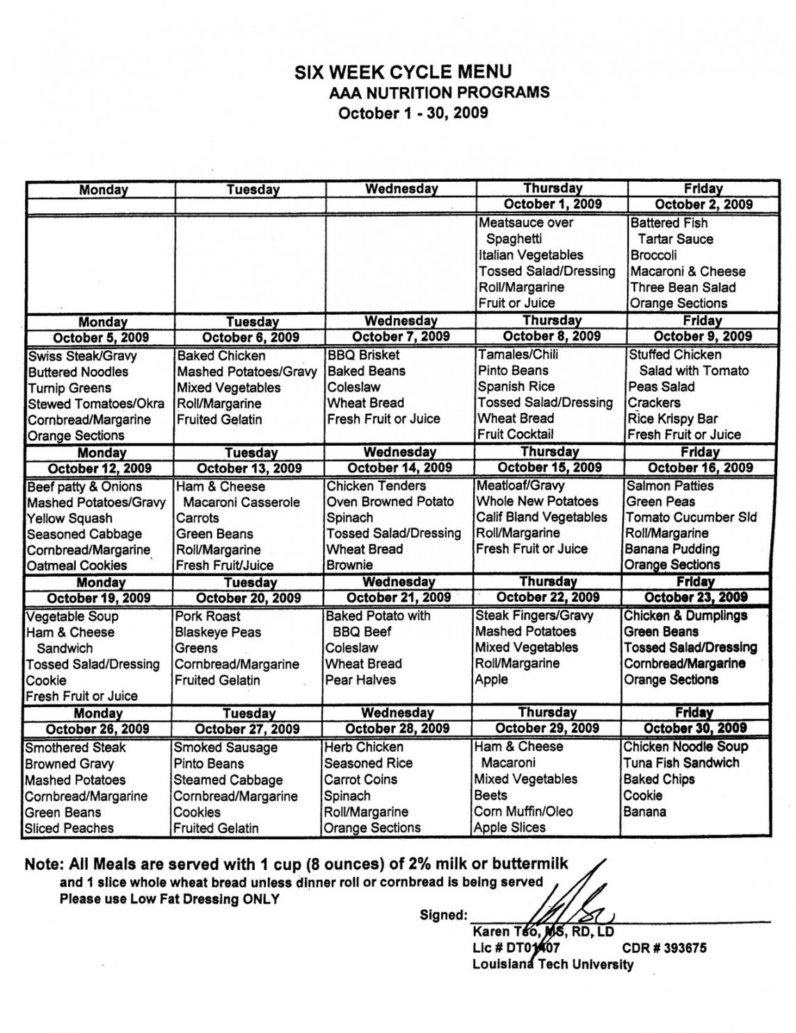 Week Lunch Menu Rotation Template