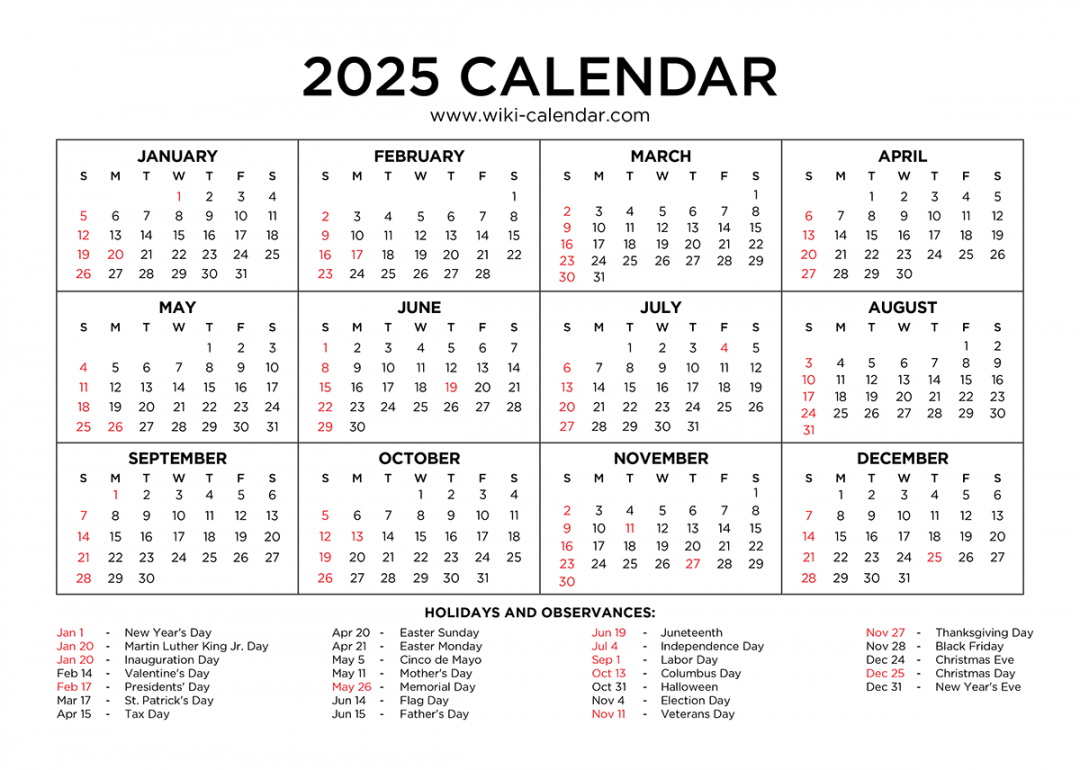 Year  Calendar Printable with Holidays - Wiki Calendar