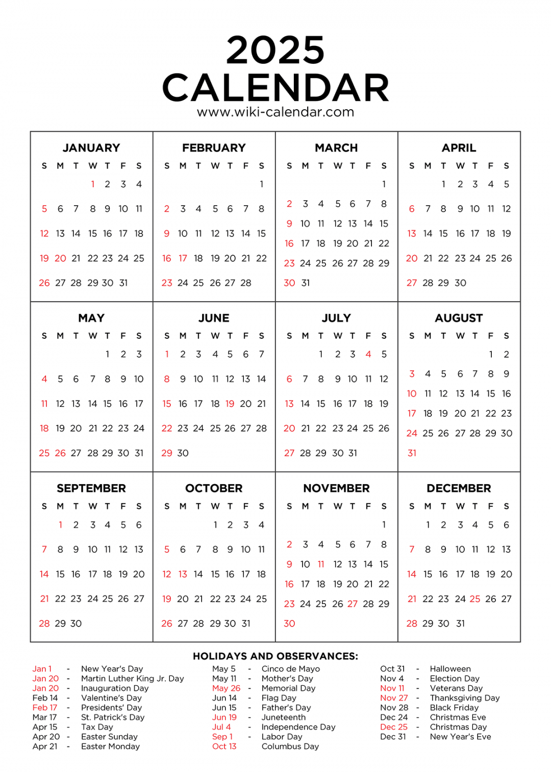 Year  Calendar Printable with Holidays - Wiki Calendar