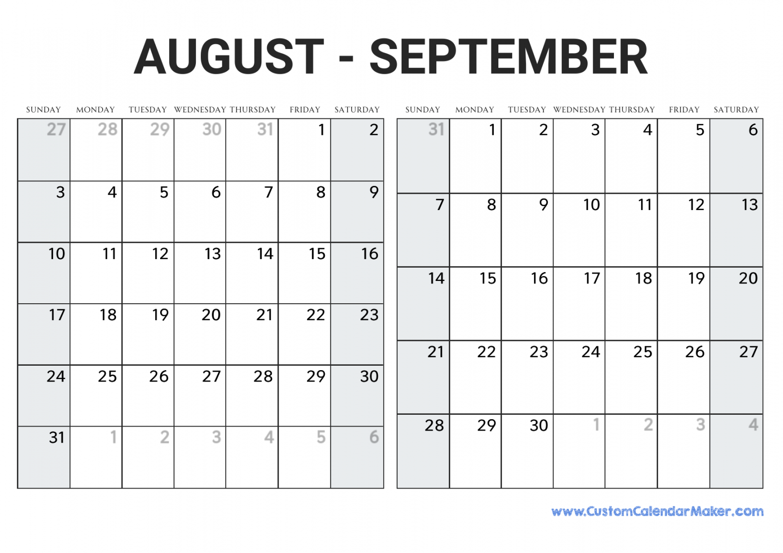 August and September  Printable Calendar Template