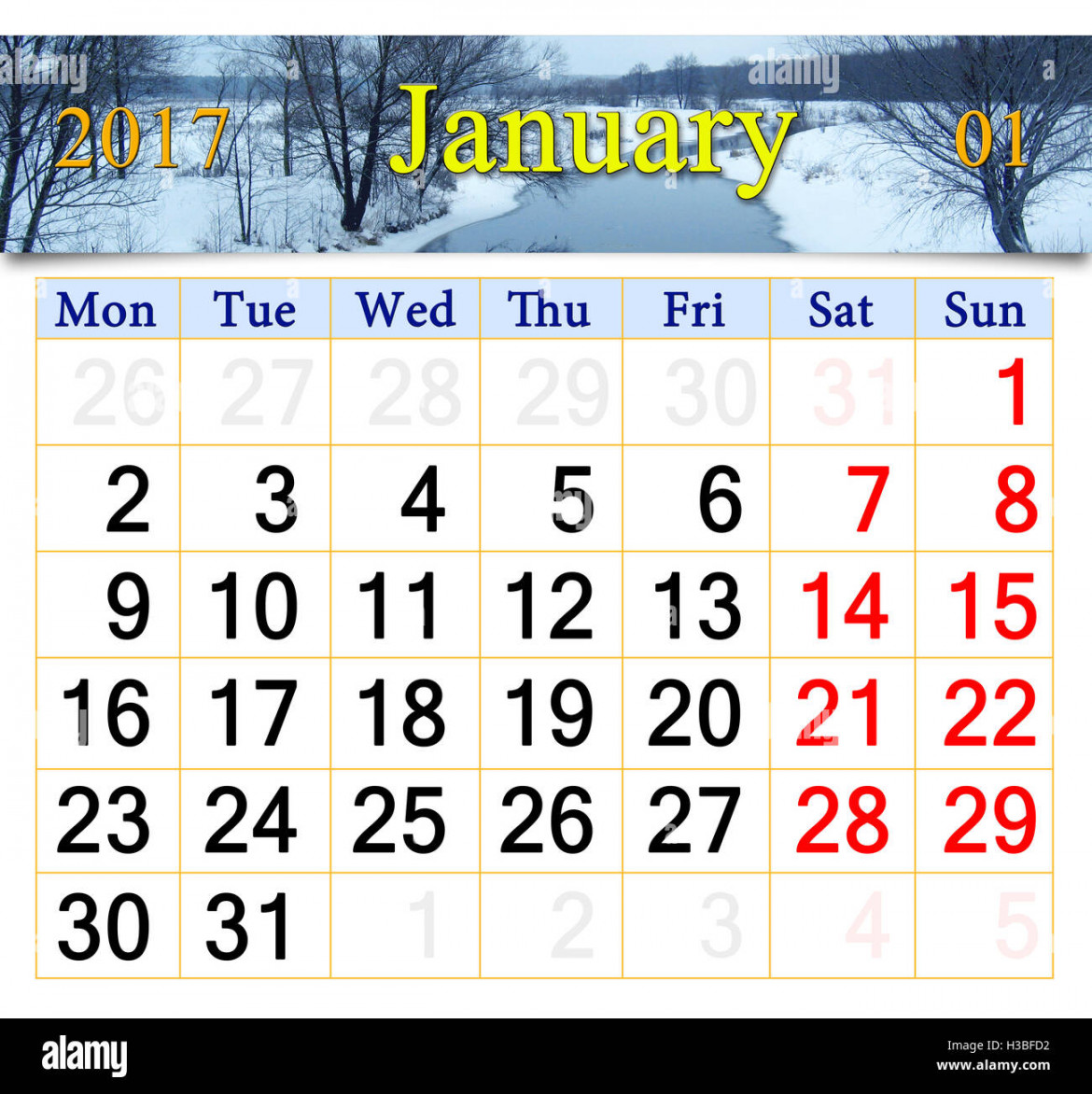 beautiful calendar for January  with winter river Stock Photo