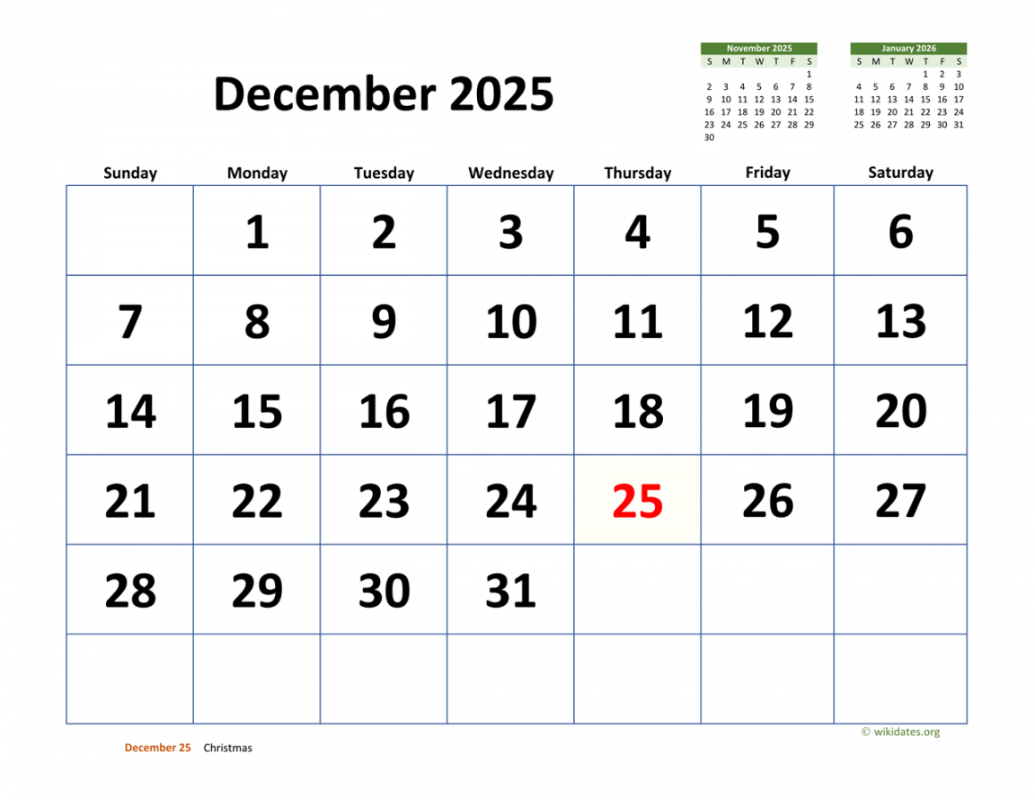 December  Calendar with Extra-large Dates  WikiDates