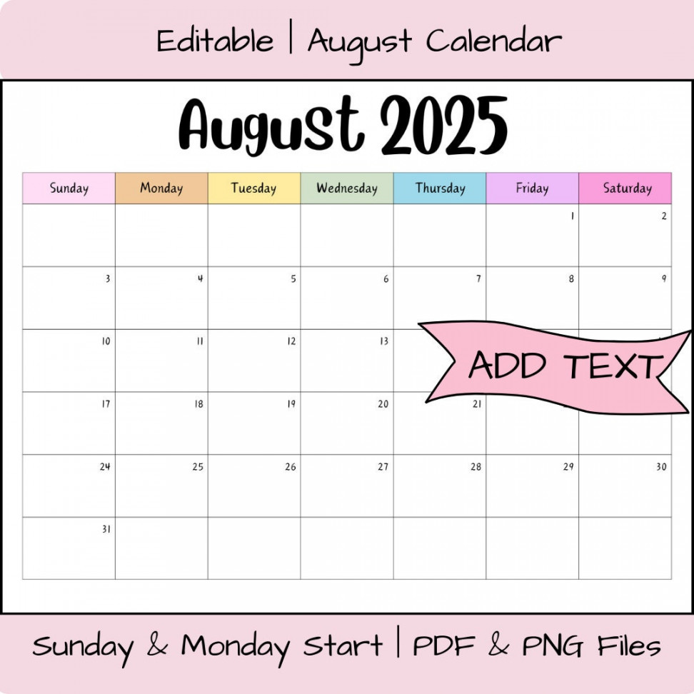 Editable August  Calendar Printable Activity Planner, Rainbow