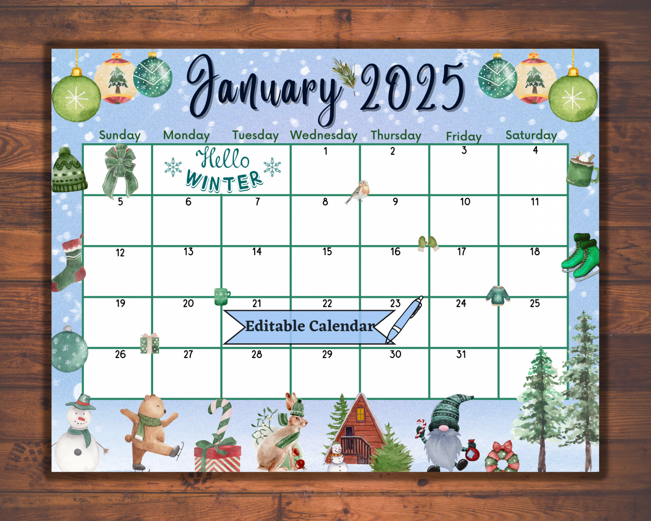 Editable Fillable January  Calendar for Happy New Year