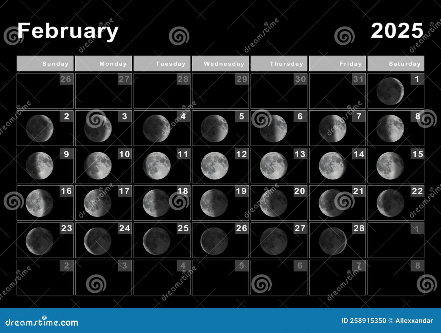 February  Lunar Calendar, Moon Cycles Stock Illustration