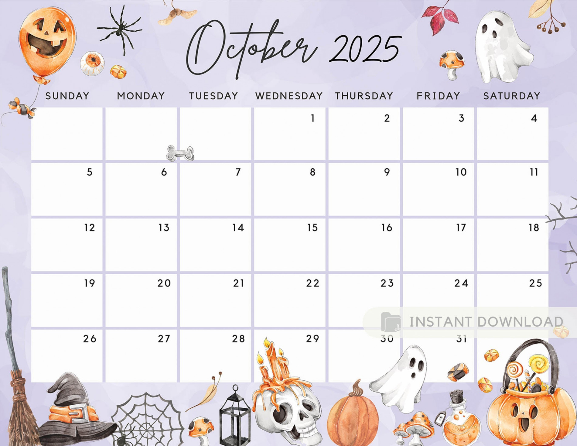 Fillable October  Calendar, Halloween Fun Spooky Party Night