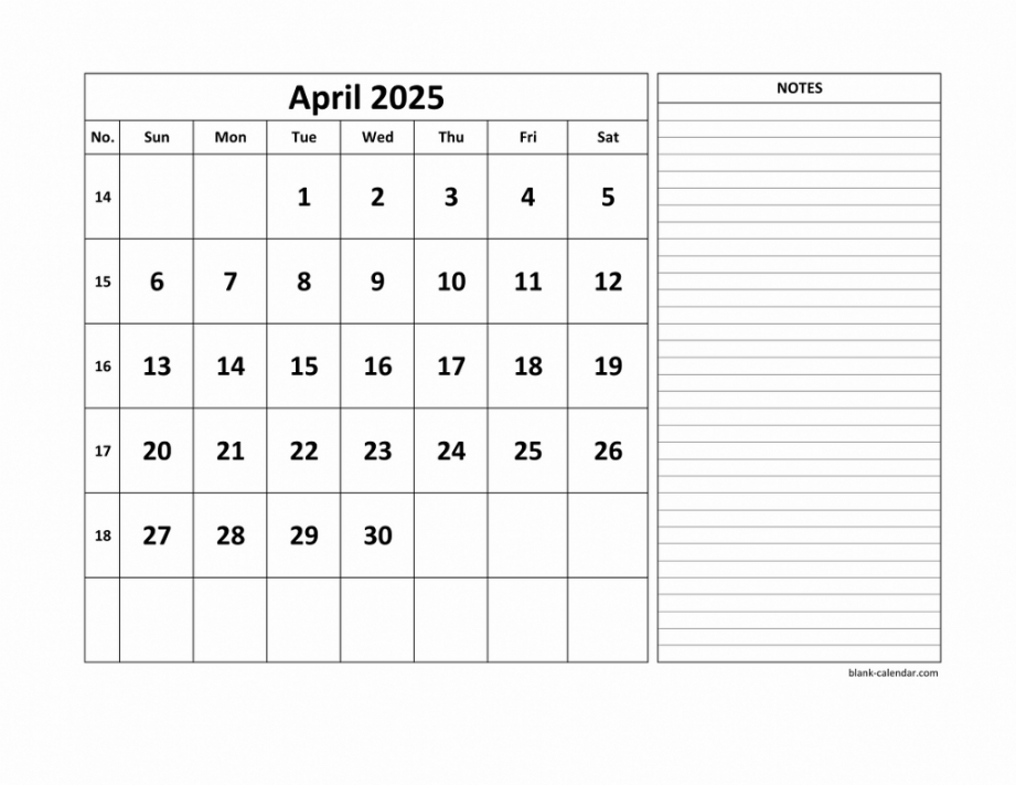 Free Download Printable April  Calendar, large space for