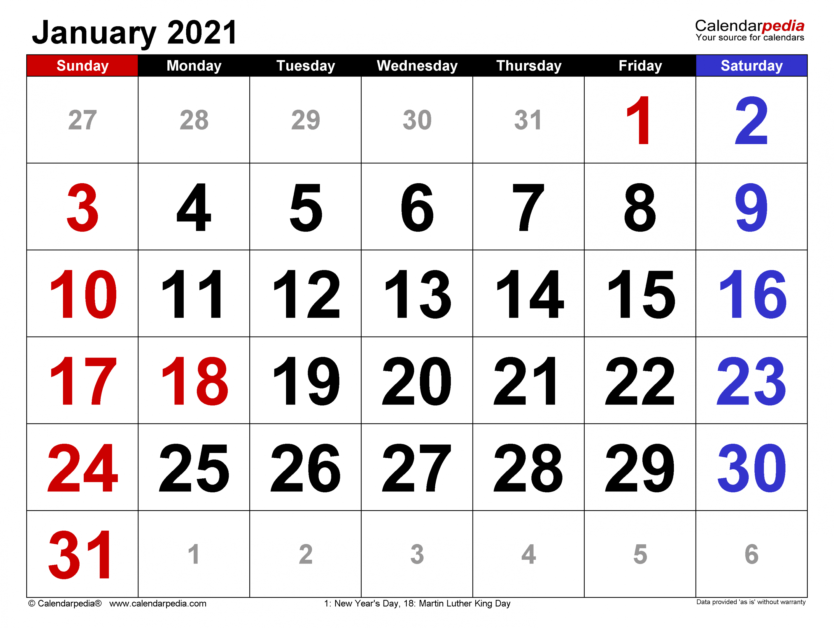 January  Calendar  Templates for Word, Excel and PDF