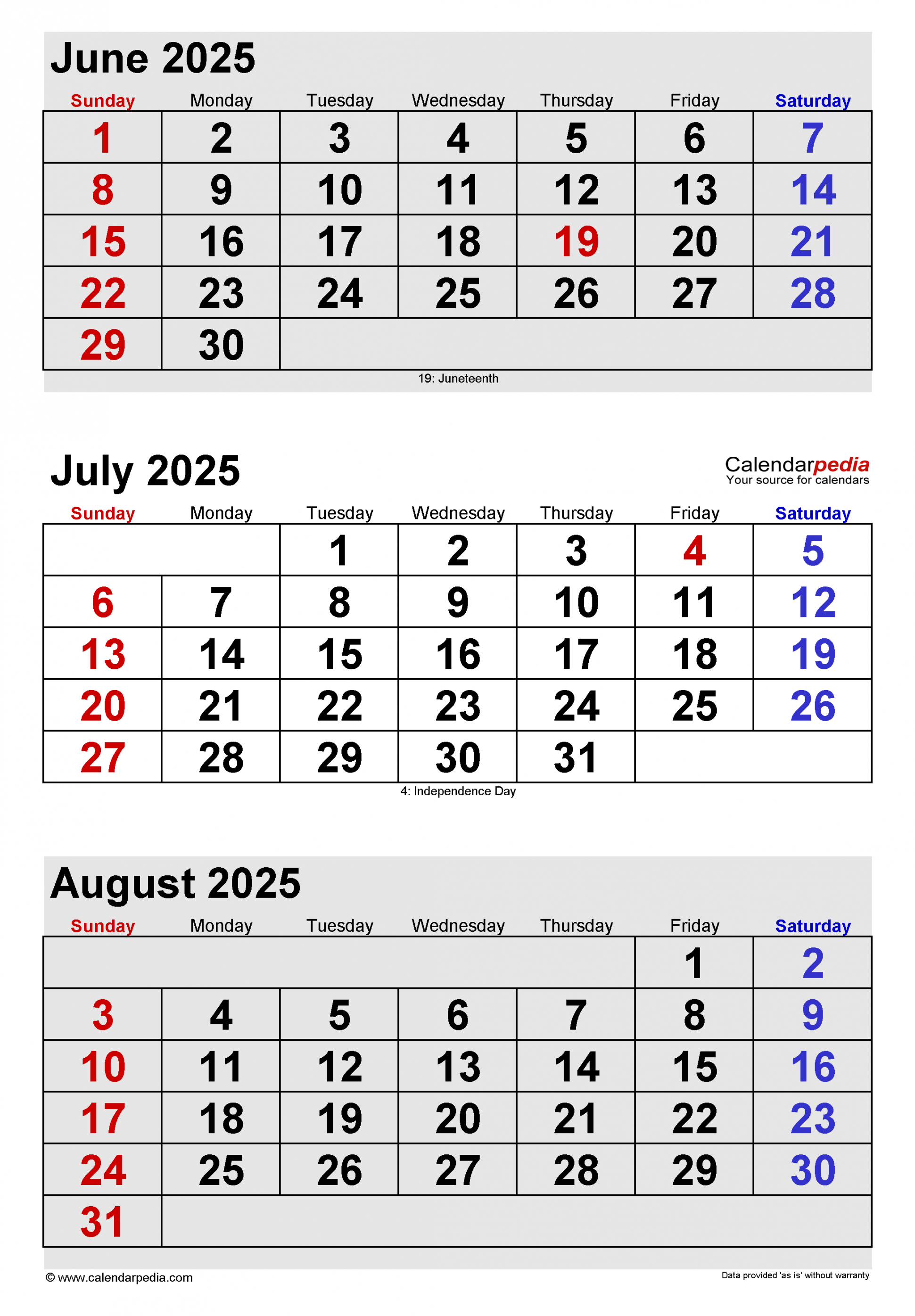 July  Calendar  Templates for Word, Excel and PDF